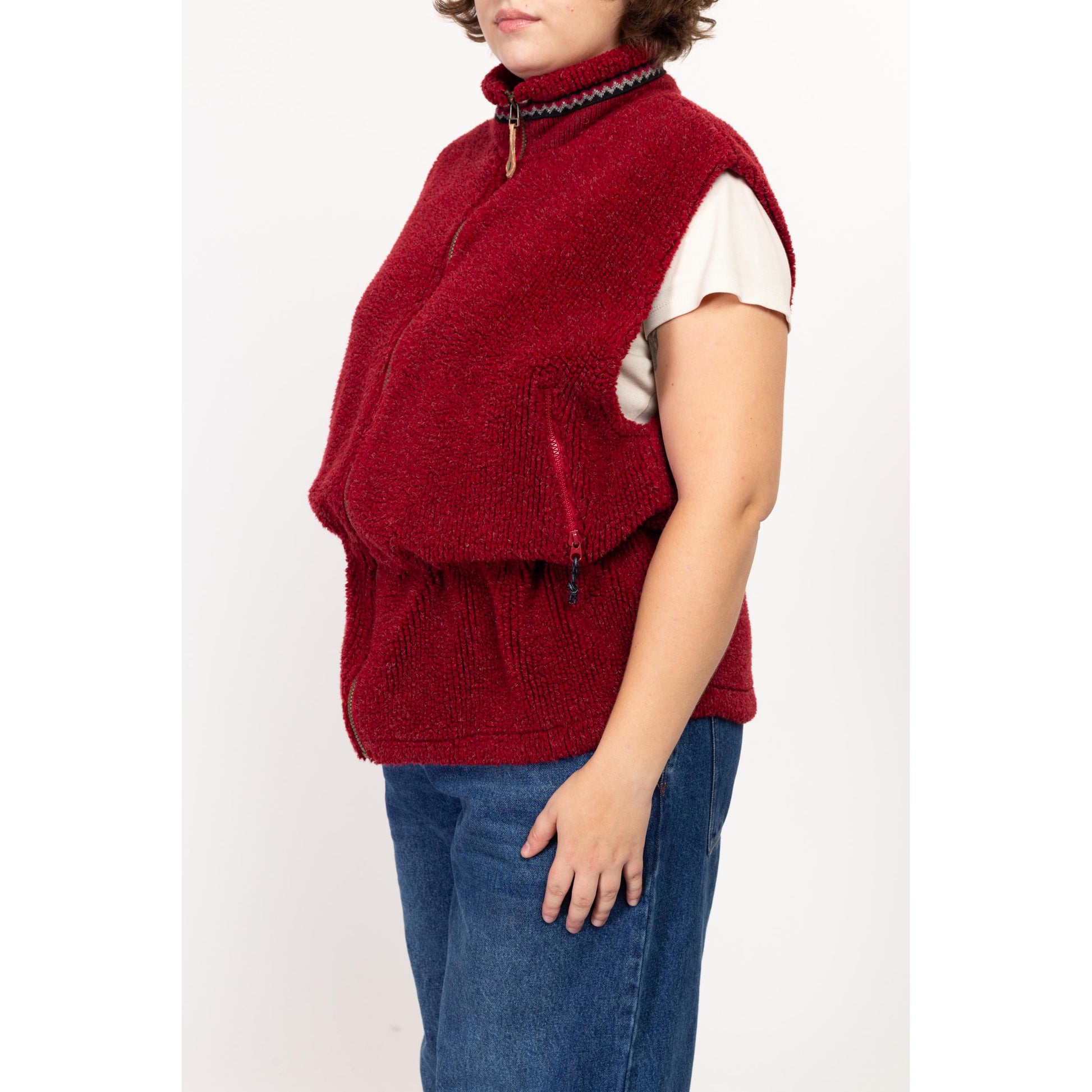 XL 90s Columbia Rust Red Fleece Vest | Vintage Drawstring Waist Zip Up Sleeveless Sweatshirt