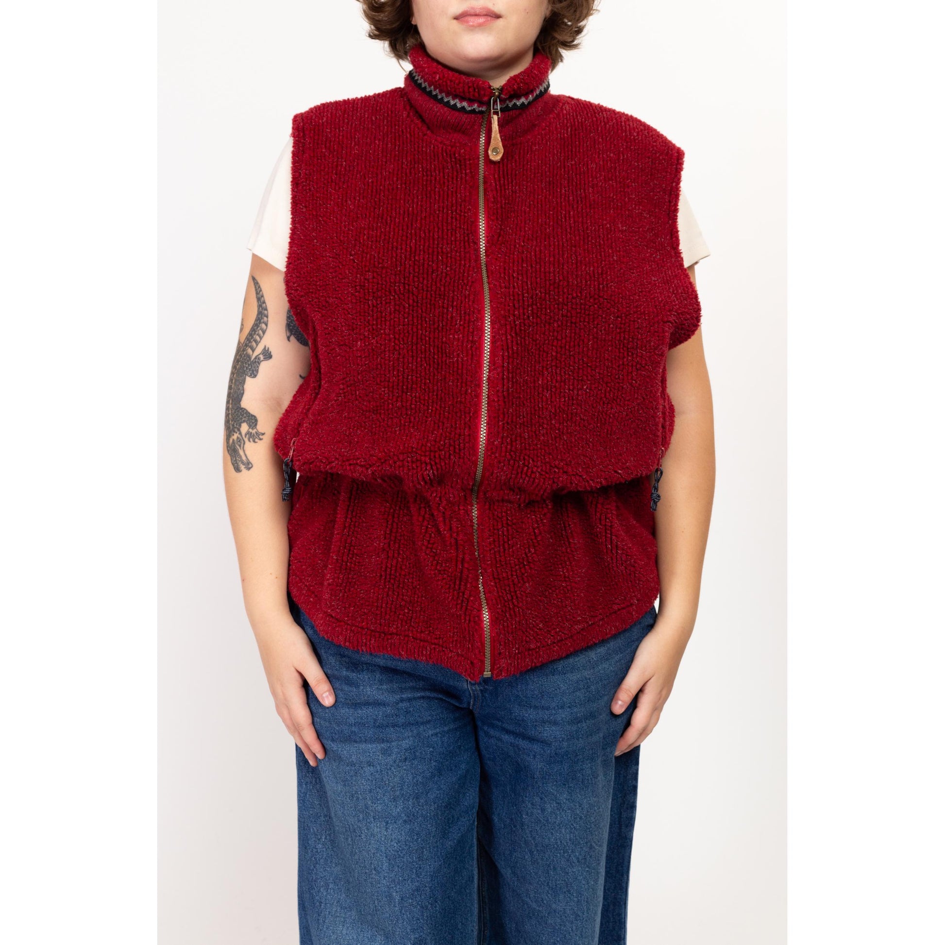 XL 90s Columbia Rust Red Fleece Vest | Vintage Drawstring Waist Zip Up Sleeveless Sweatshirt