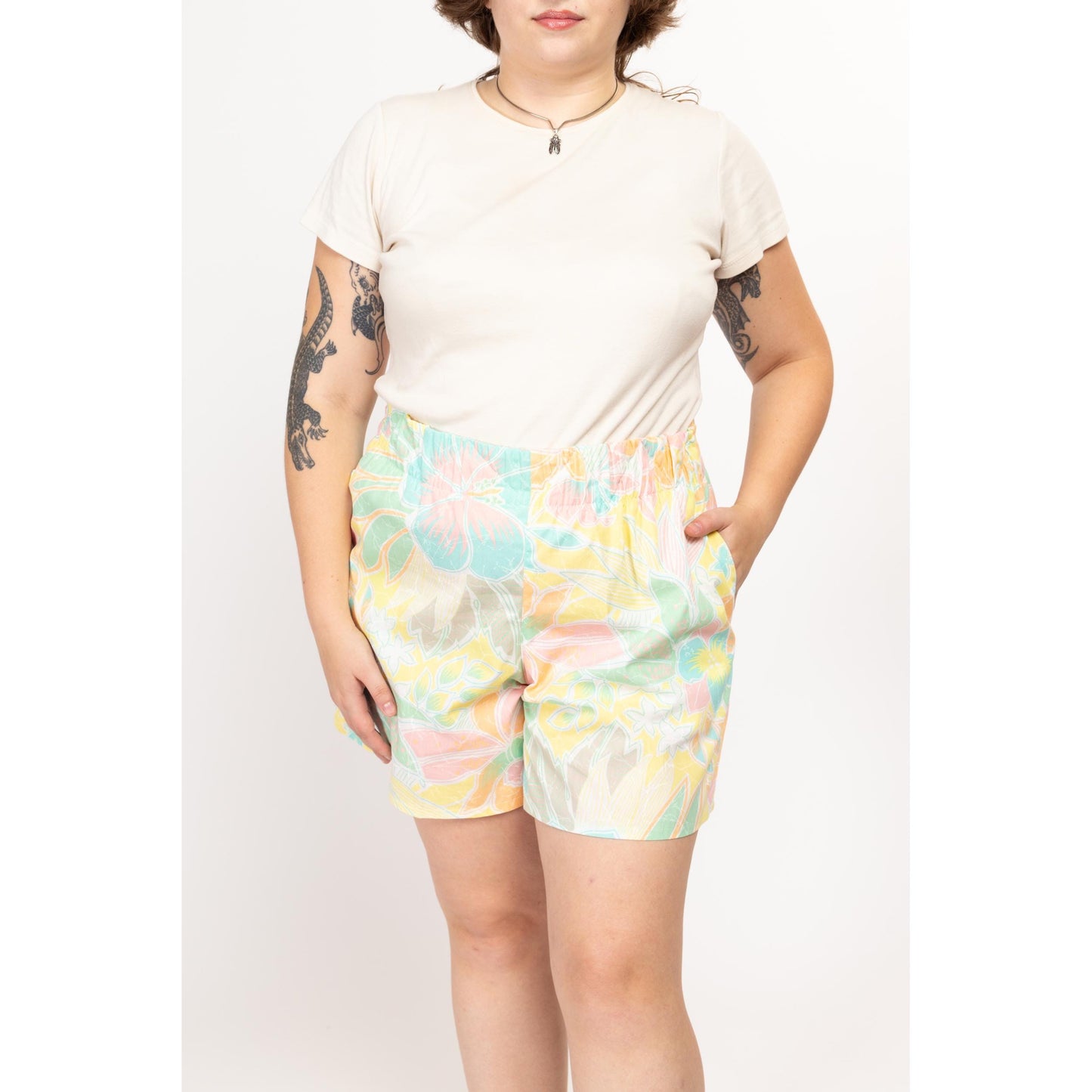 XL 90s Pastel Tropical Floral Lounge Shorts | Vintage Boho Elastic High Waist Wide Leg Casual Shorts