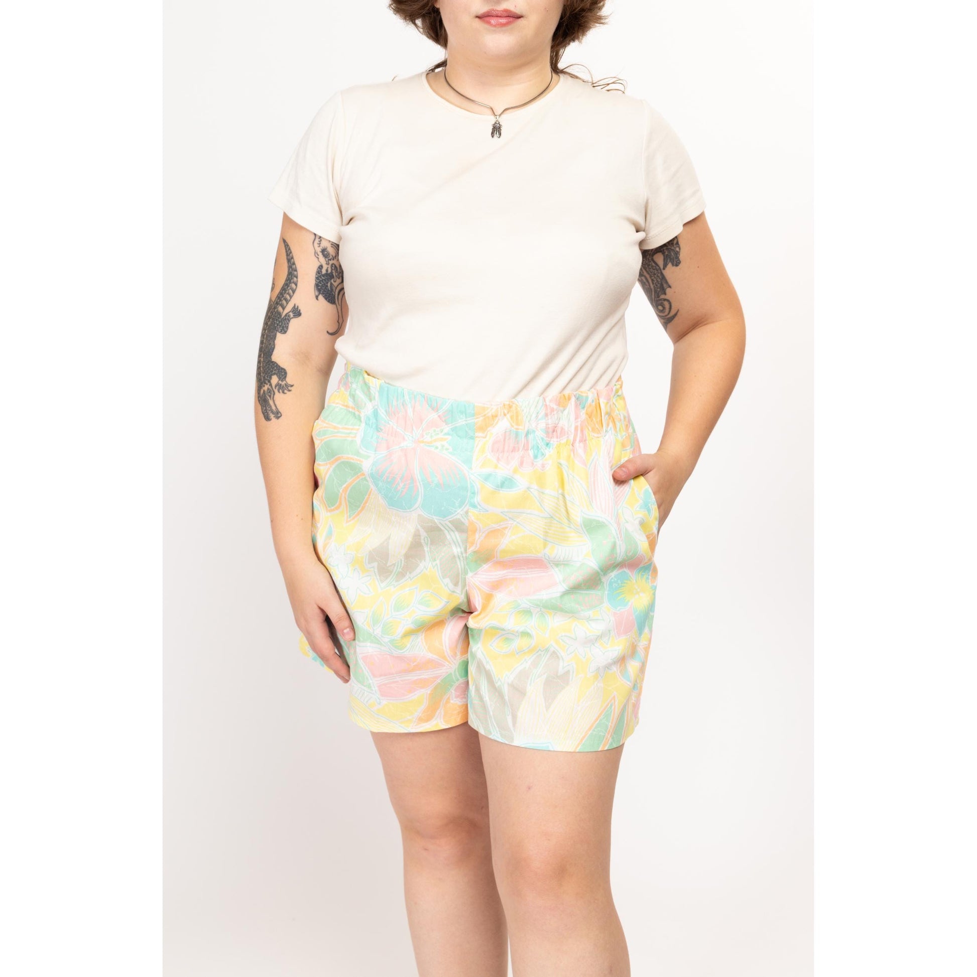 XL 90s Pastel Tropical Floral Lounge Shorts | Vintage Boho Elastic High Waist Wide Leg Casual Shorts