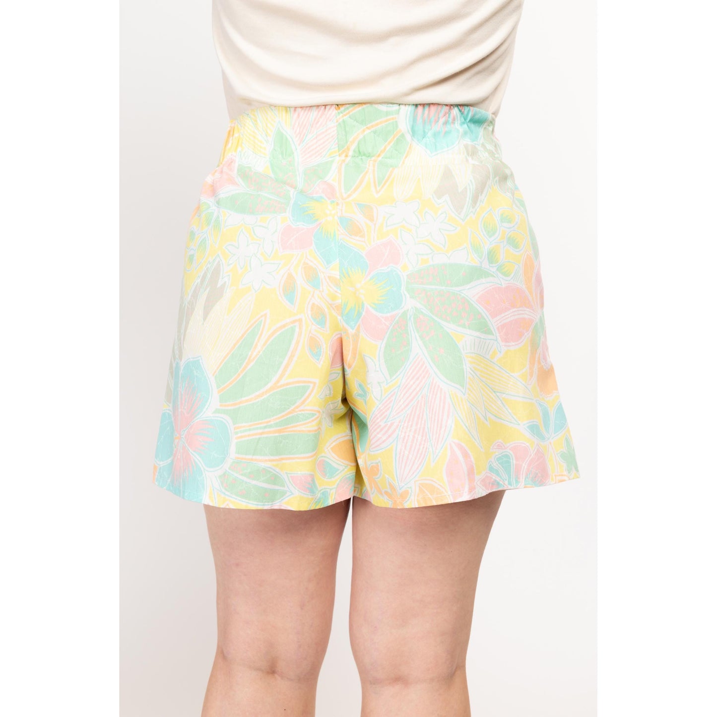 XL 90s Pastel Tropical Floral Lounge Shorts | Vintage Boho Elastic High Waist Wide Leg Casual Shorts