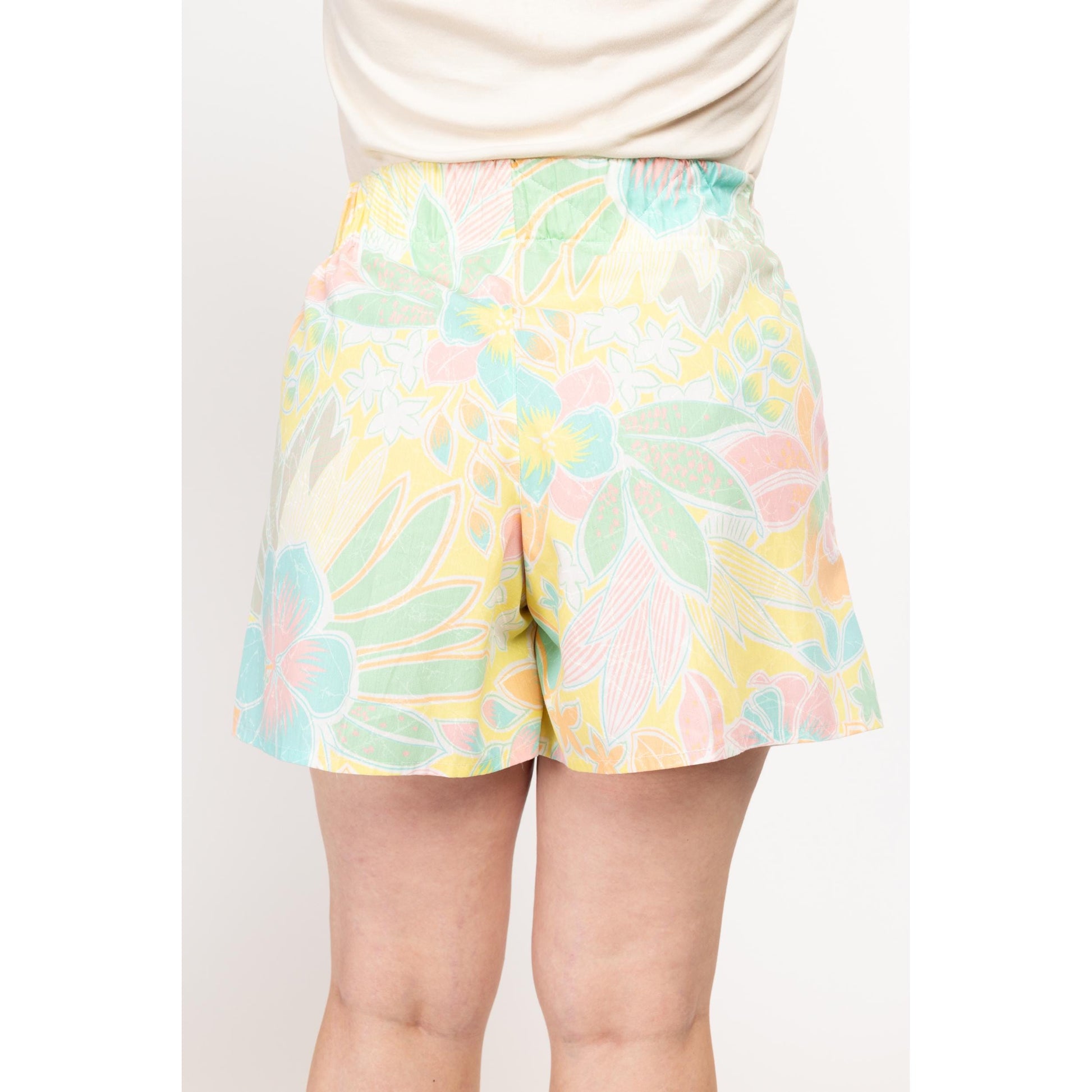 XL 90s Pastel Tropical Floral Lounge Shorts | Vintage Boho Elastic High Waist Wide Leg Casual Shorts