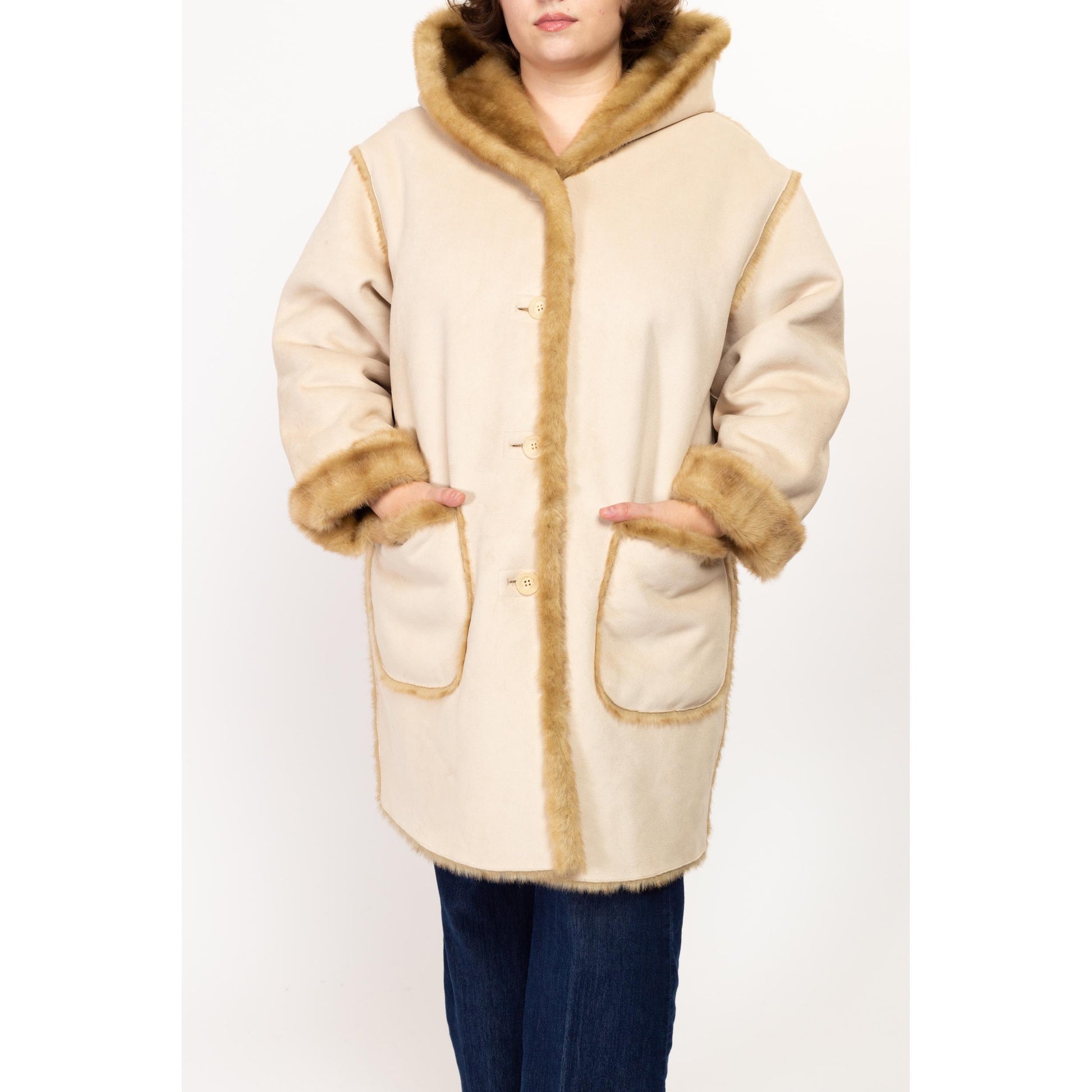 XL 90s Boho Reversible Faux Fur & Suede Coat | Vintage Jones New York Hooded Button Up Vegan Winter Coat