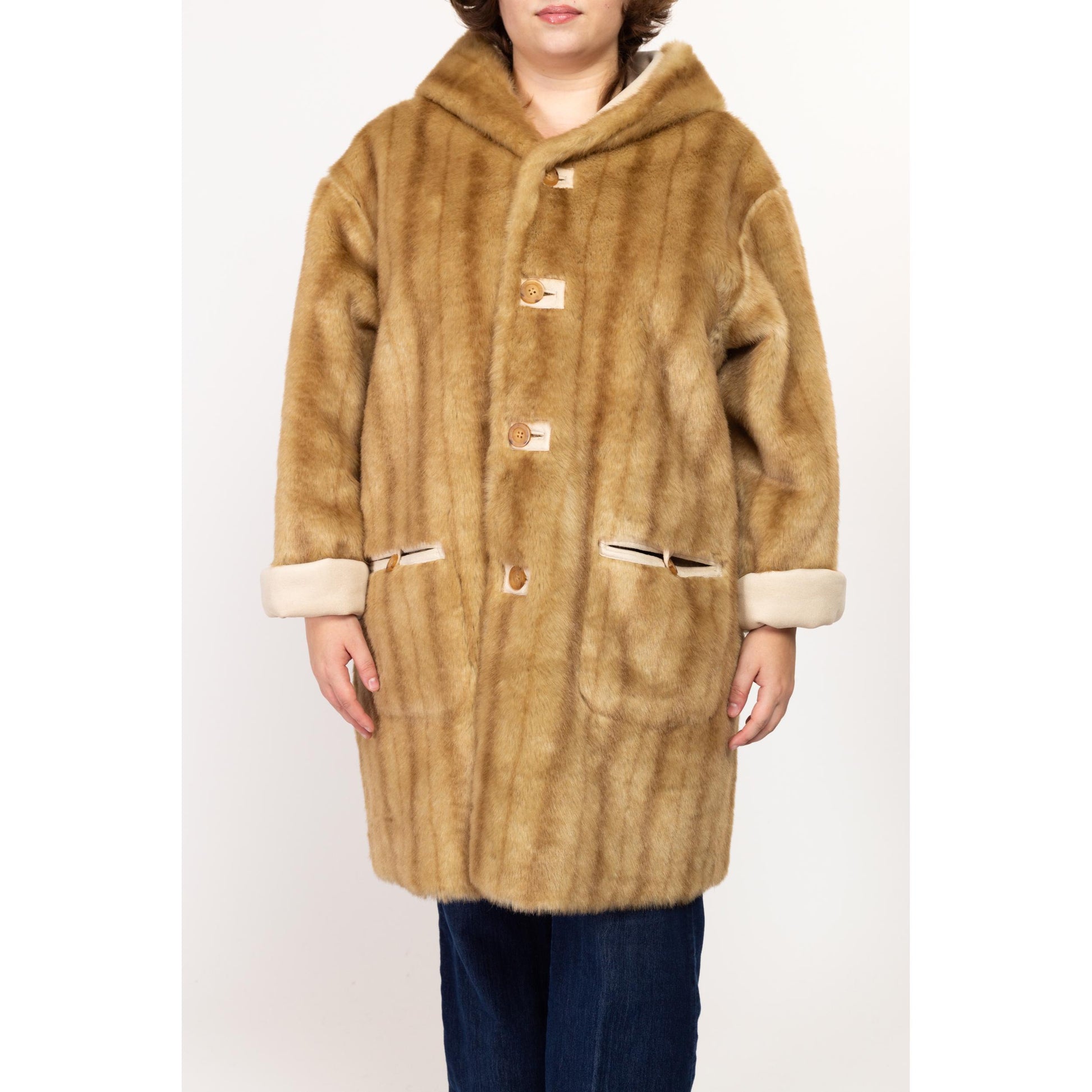 XL 90s Boho Reversible Faux Fur & Suede Coat | Vintage Jones New York Hooded Button Up Vegan Winter Coat