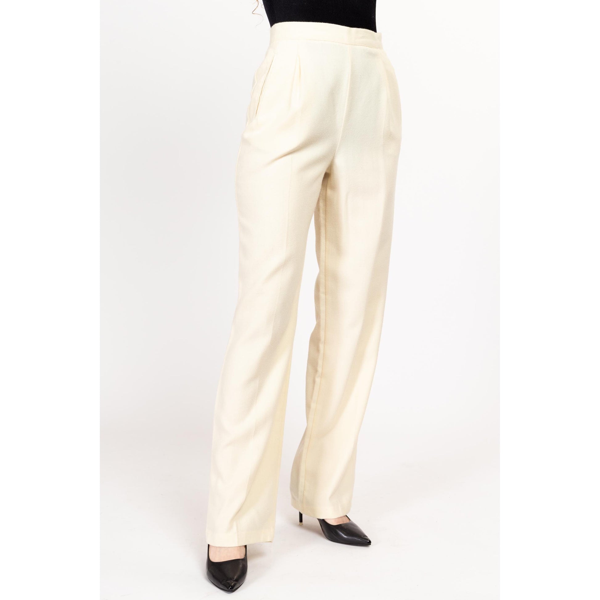 Medium 80s The Limited Cream Felt High Waisted Trousers 28" | Vintage Tapered Leg Side Button Pleated Pants