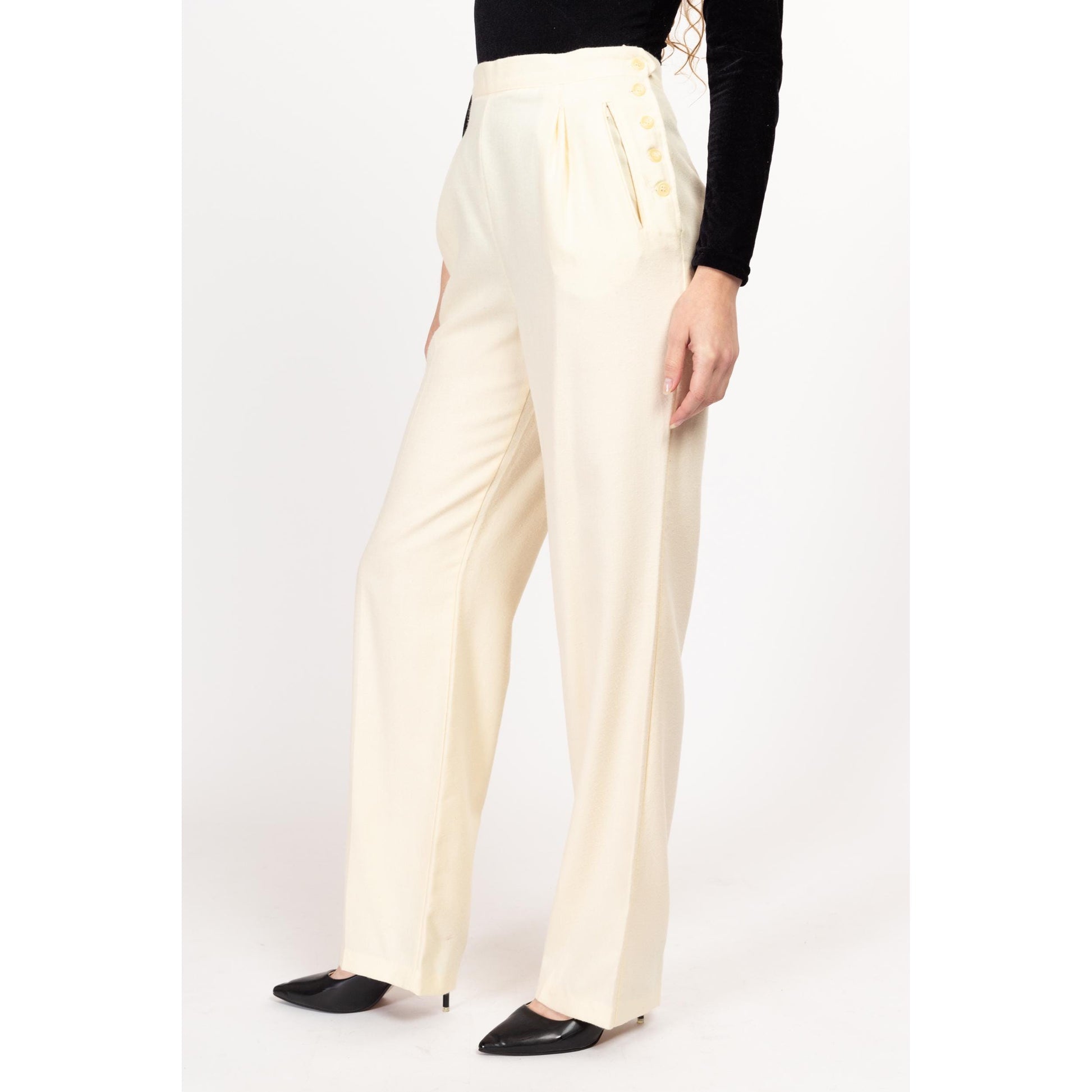Medium 80s The Limited Cream Felt High Waisted Trousers 28" | Vintage Tapered Leg Side Button Pleated Pants