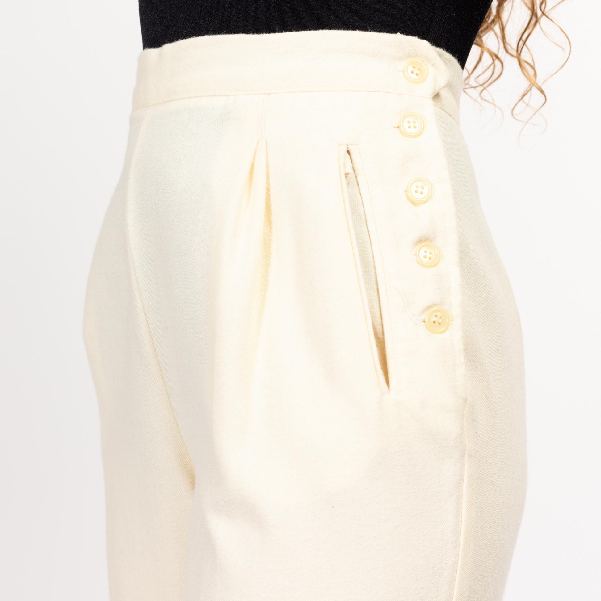 Medium 80s The Limited Cream Felt High Waisted Trousers 28" | Vintage Tapered Leg Side Button Pleated Pants
