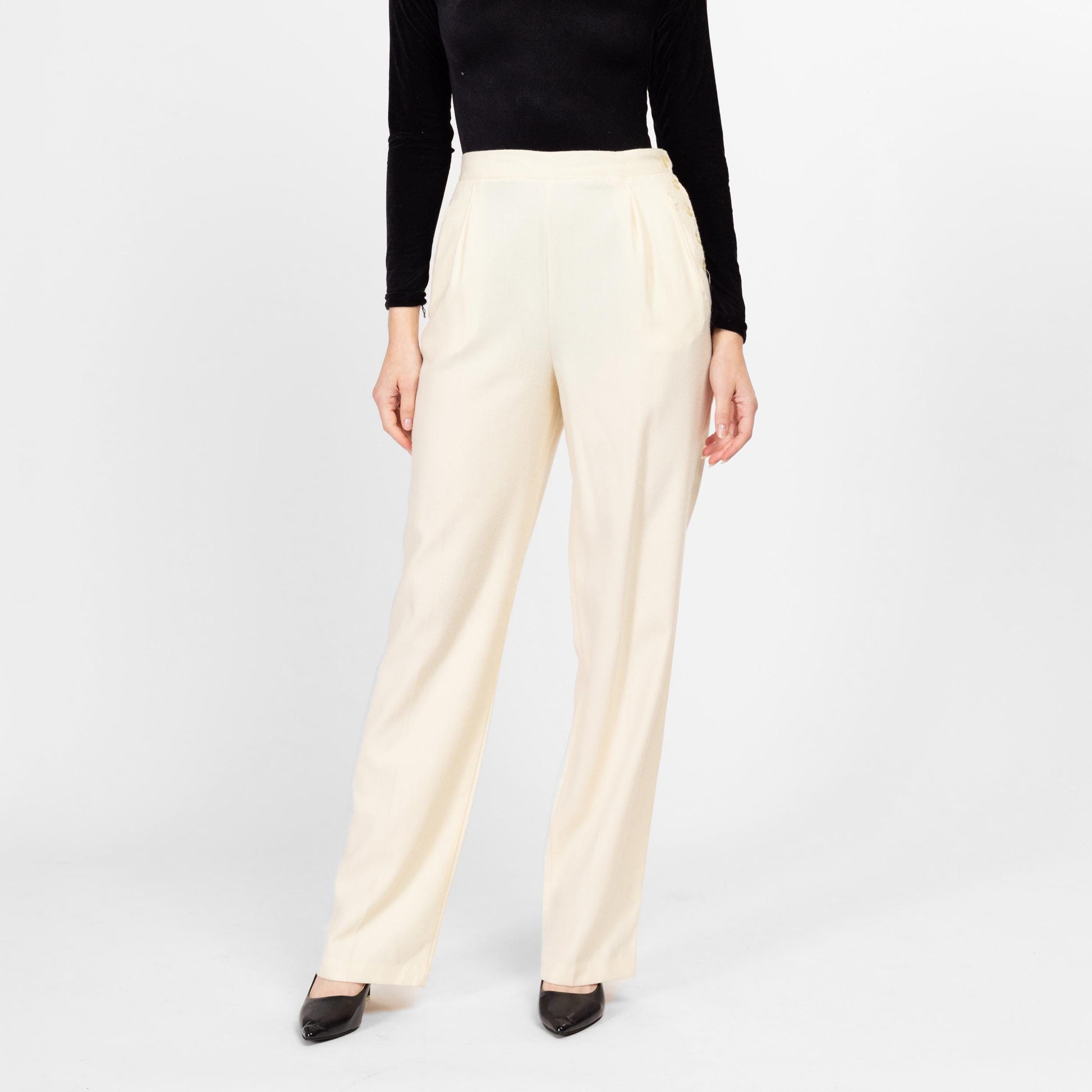 Medium 80s The Limited Cream Felt High Waisted Trousers 28" | Vintage Tapered Leg Side Button Pleated Pants