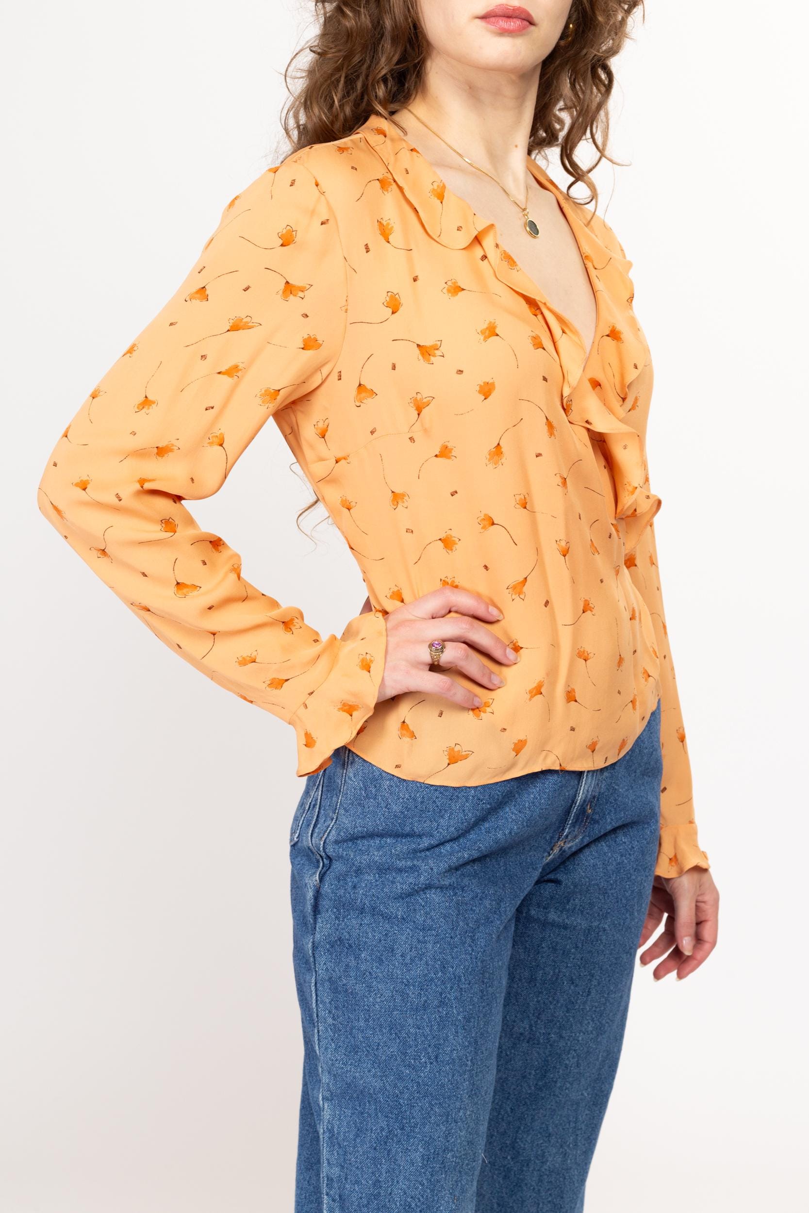 Medium 90s Orange Silk Windy Floral Wrap Blouse Size 10 | Vintage Long Sleeve Ruffle Trim Top