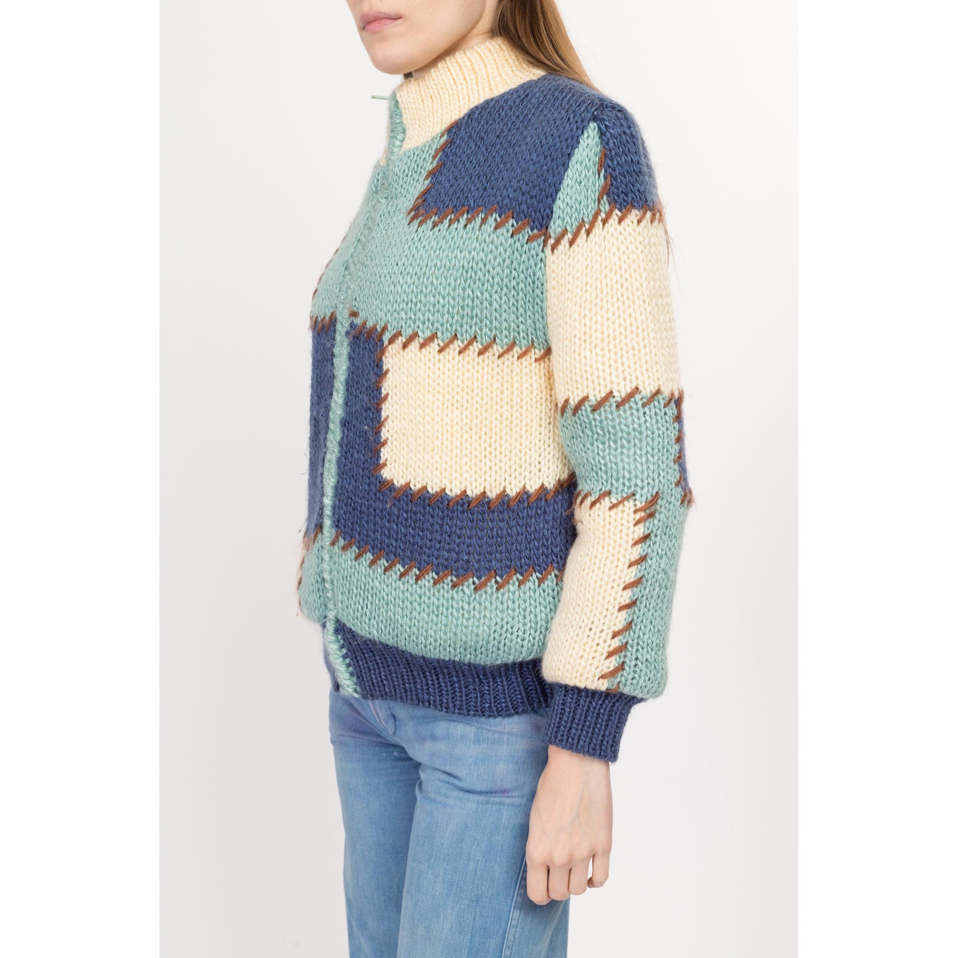 Sm-Med 80s Color Block Patchwork Knit Cardigan Jacket | Vintage Shearling Lined Blue White Chunky Zip Up Sweater