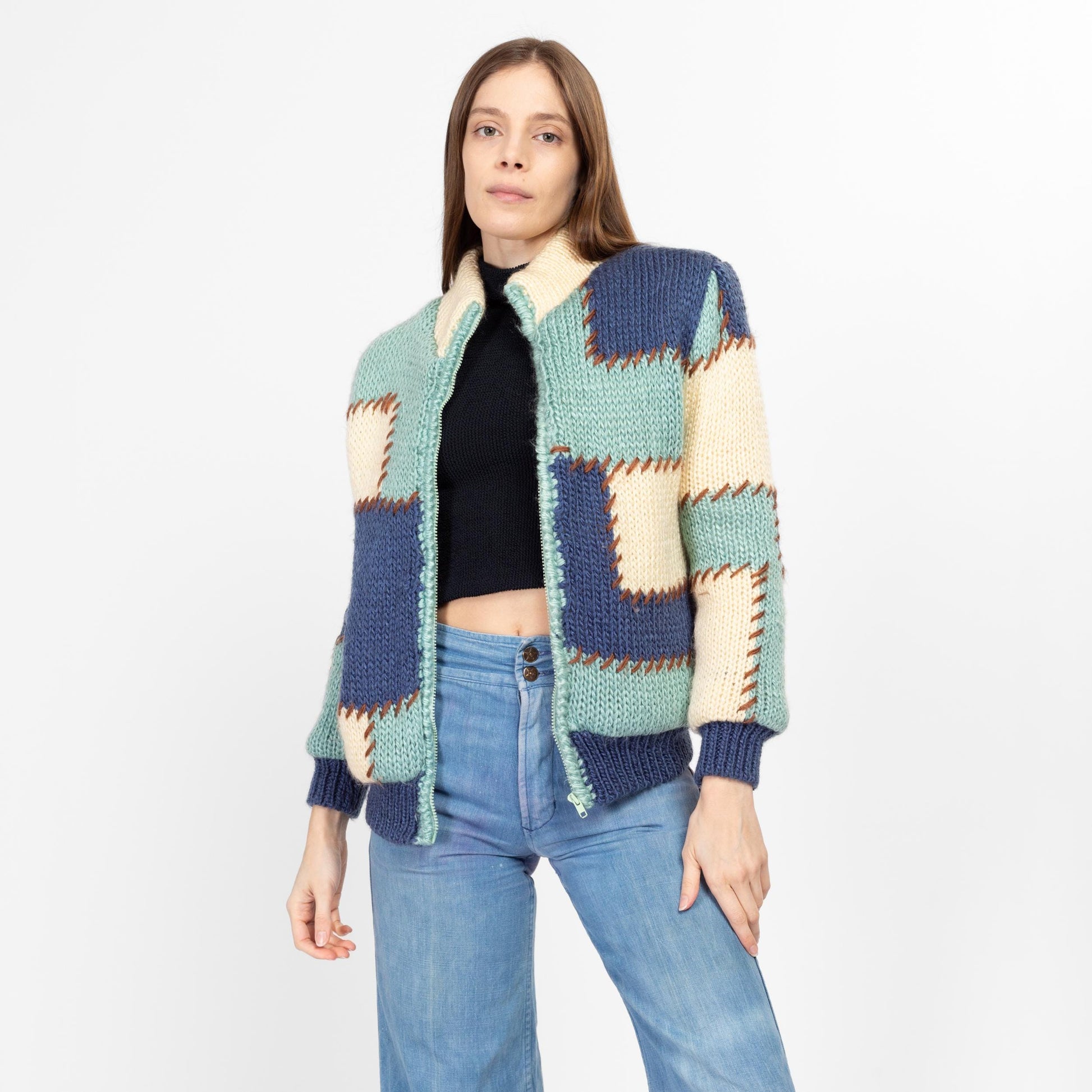 Sm-Med 80s Color Block Patchwork Knit Cardigan Jacket | Vintage Shearling Lined Blue White Chunky Zip Up Sweater