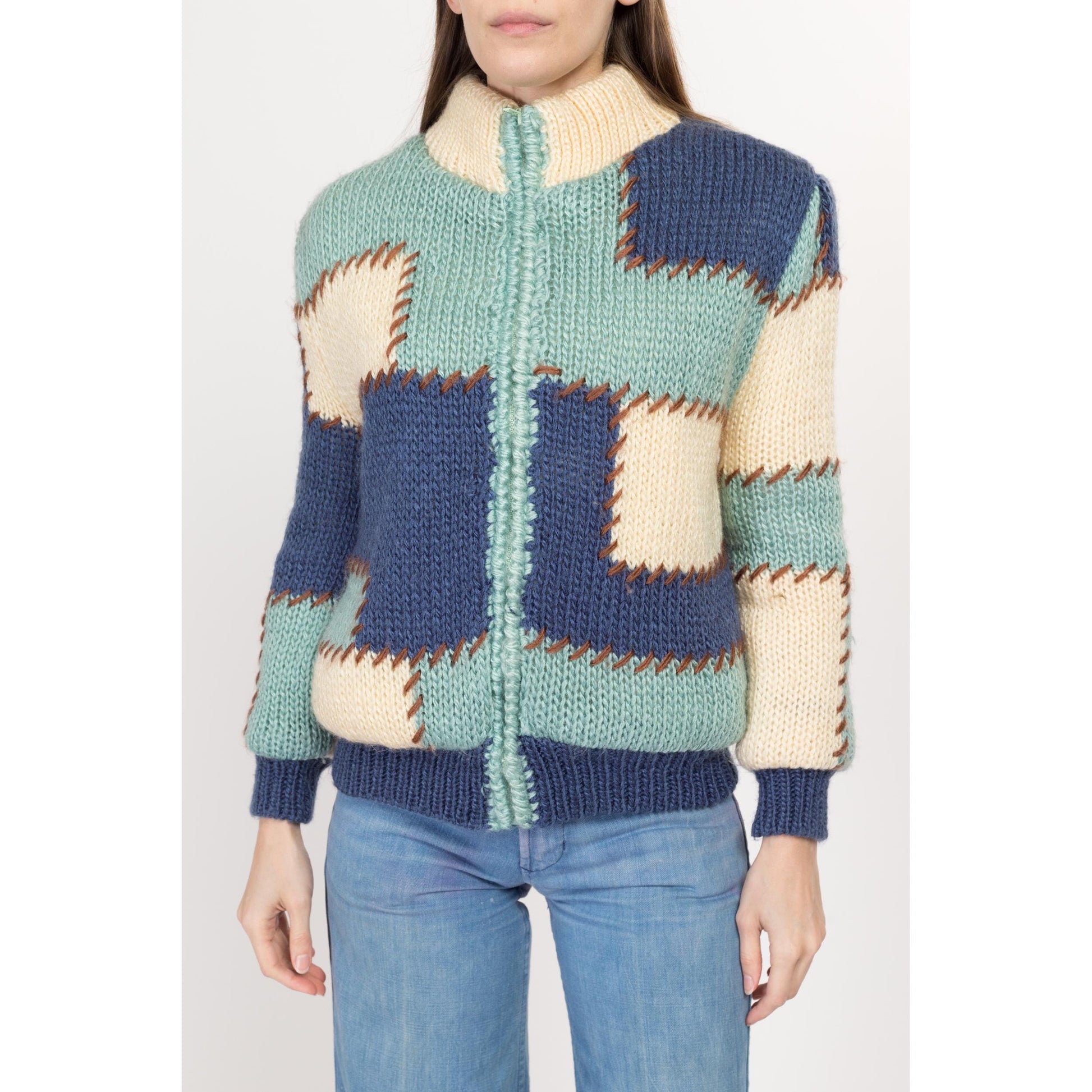 Sm-Med 80s Color Block Patchwork Knit Cardigan Jacket | Vintage Shearling Lined Blue White Chunky Zip Up Sweater