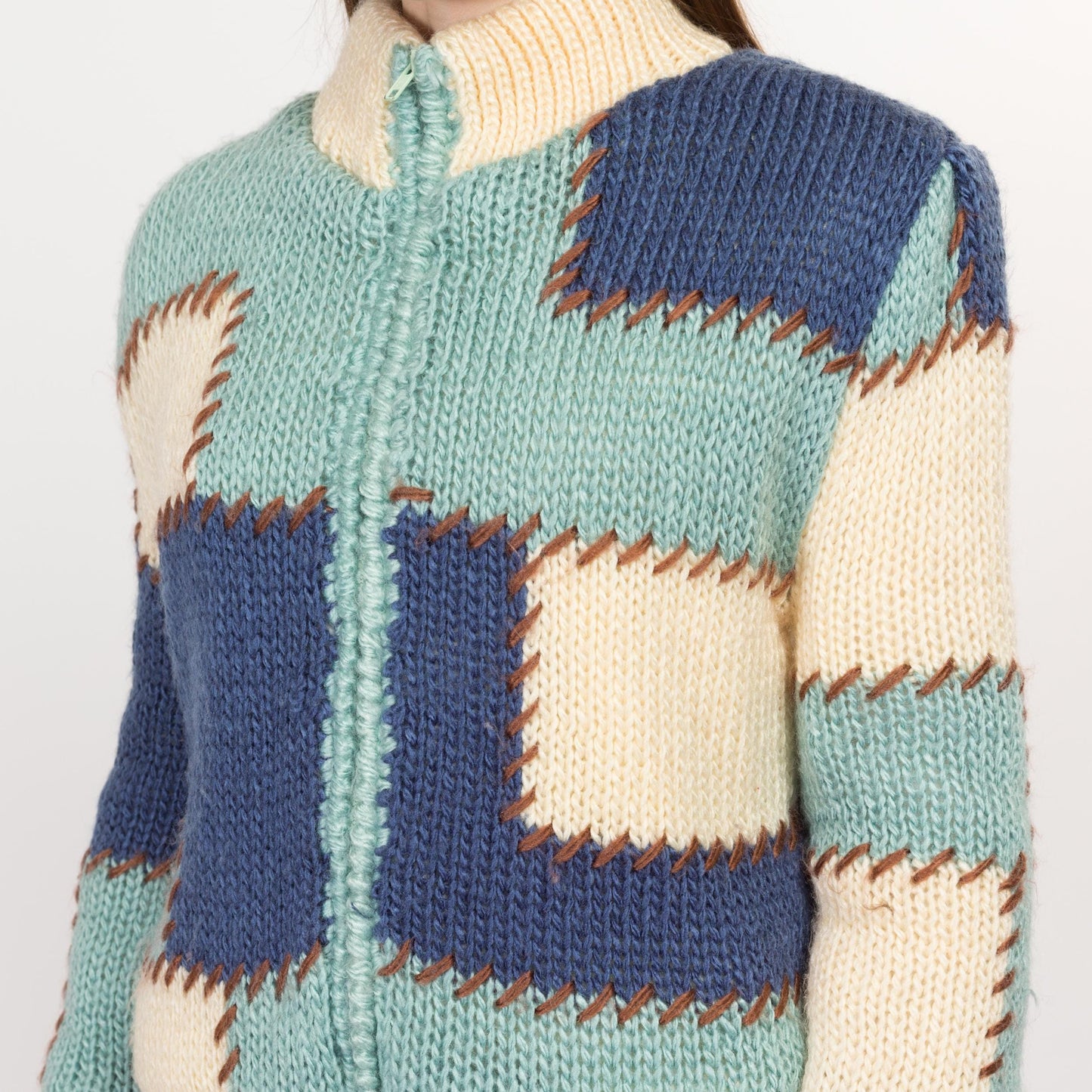 Sm-Med 80s Color Block Patchwork Knit Cardigan Jacket | Vintage Shearling Lined Blue White Chunky Zip Up Sweater