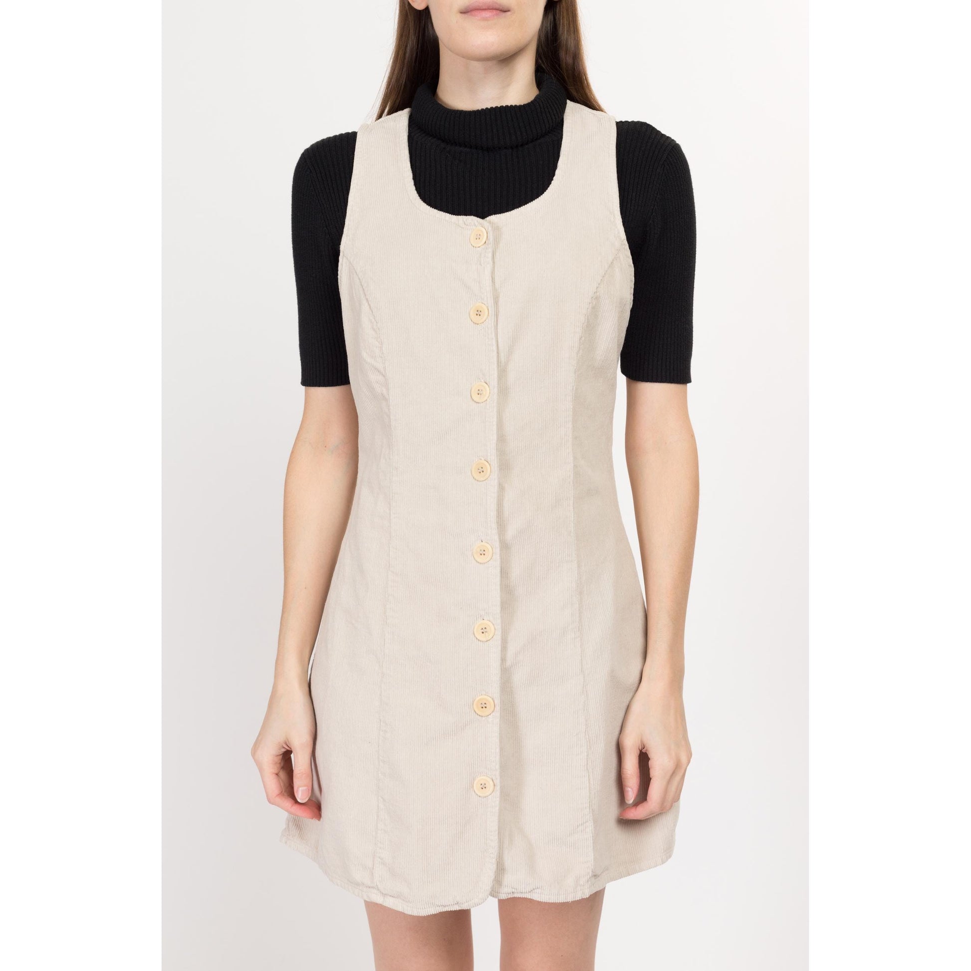 Medium Y2K Khaki Corduroy Jumper Mini Dress – Flying Apple Vintage Medium Y2K Khaki Corduroy Jumper Mini Dress – Flying Apple Vintage