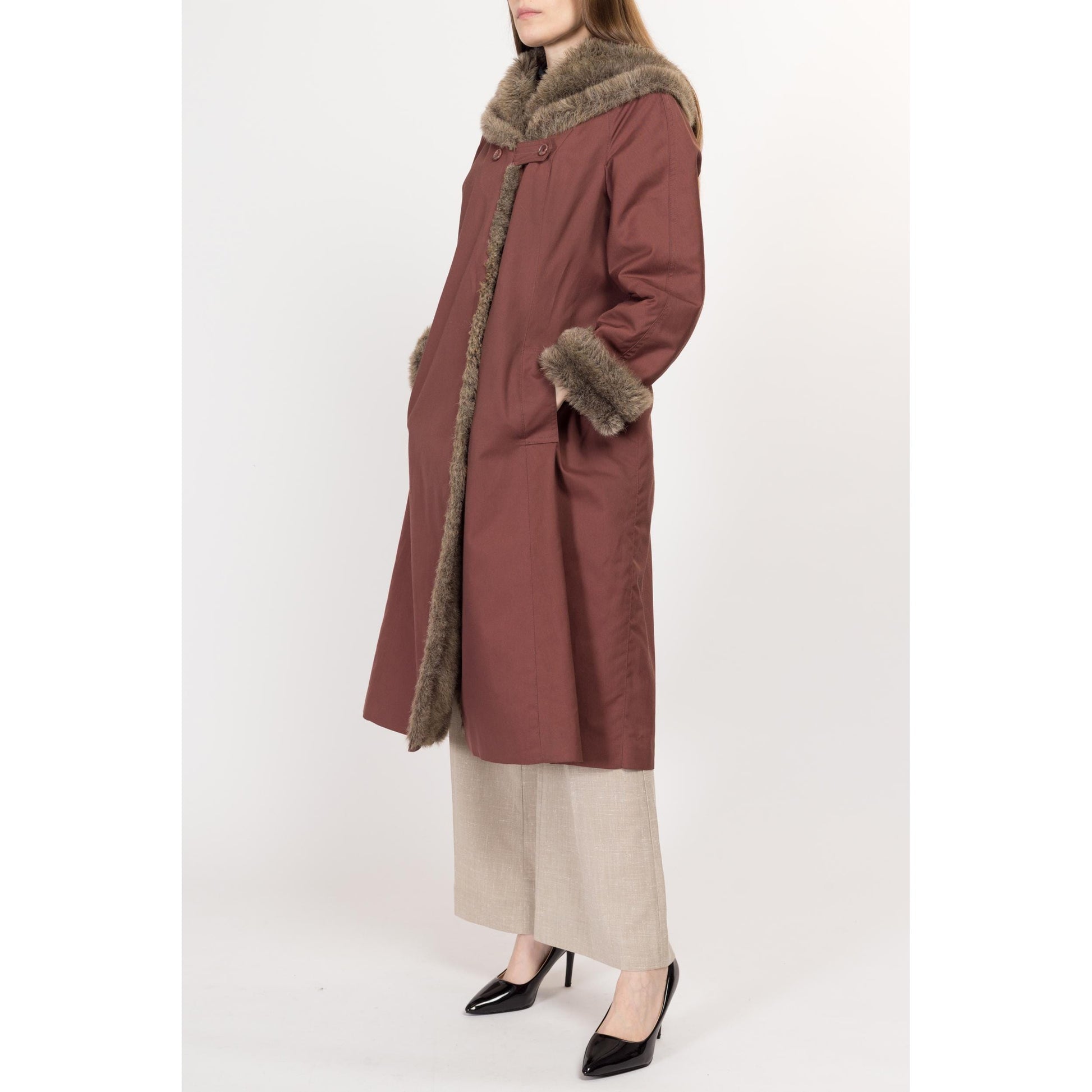 Medium 70s Mauve Hooded Faux Fur Trim Coat | Retro Vintage Penny Lane Long Maxi Winter Jacket
