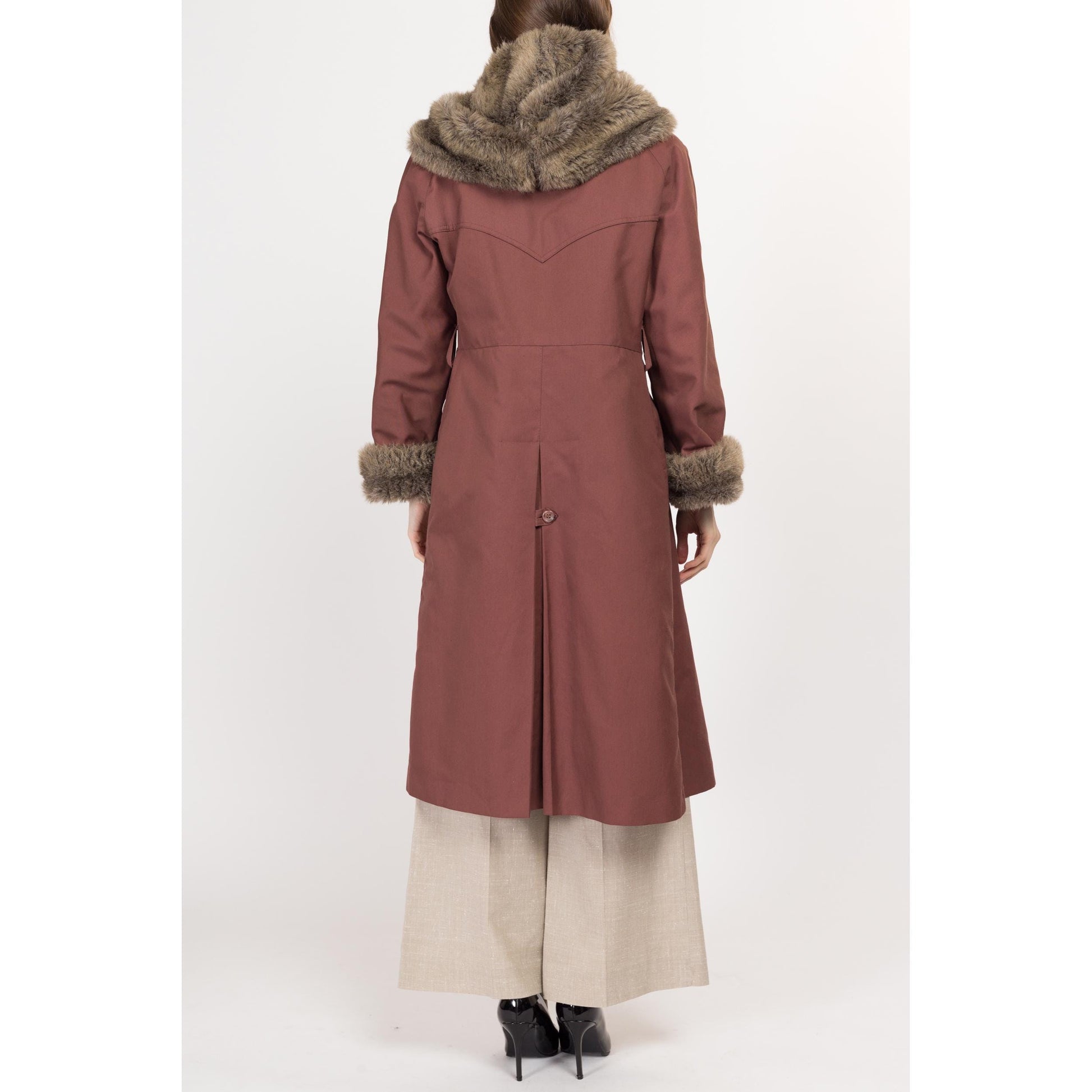Medium 70s Mauve Hooded Faux Fur Trim Coat | Retro Vintage Penny Lane Long Maxi Winter Jacket
