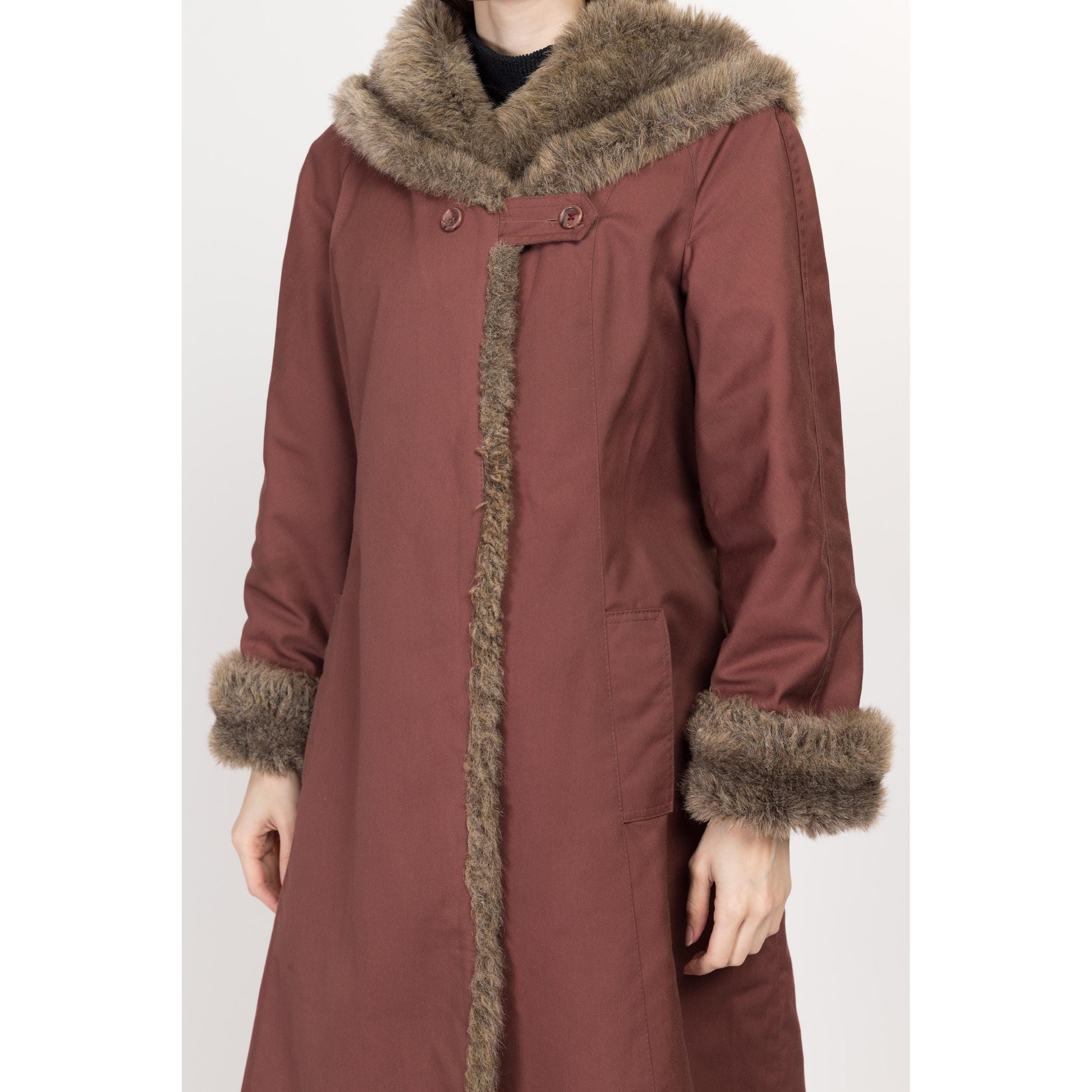 Medium 70s Mauve Hooded Faux Fur Trim Coat | Retro Vintage Penny Lane Long Maxi Winter Jacket