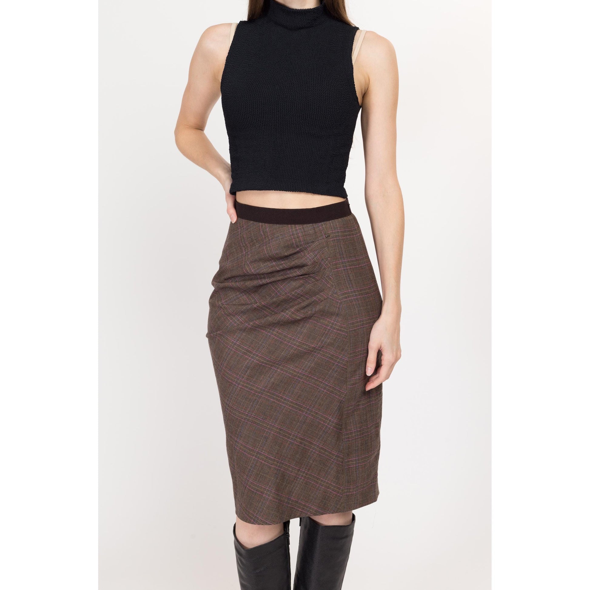 XS-Sm Y2K Plaid Asymmetrical Pencil Skirt | Vintage Brown Pink Mid Rise Knee Length Midi Skirt