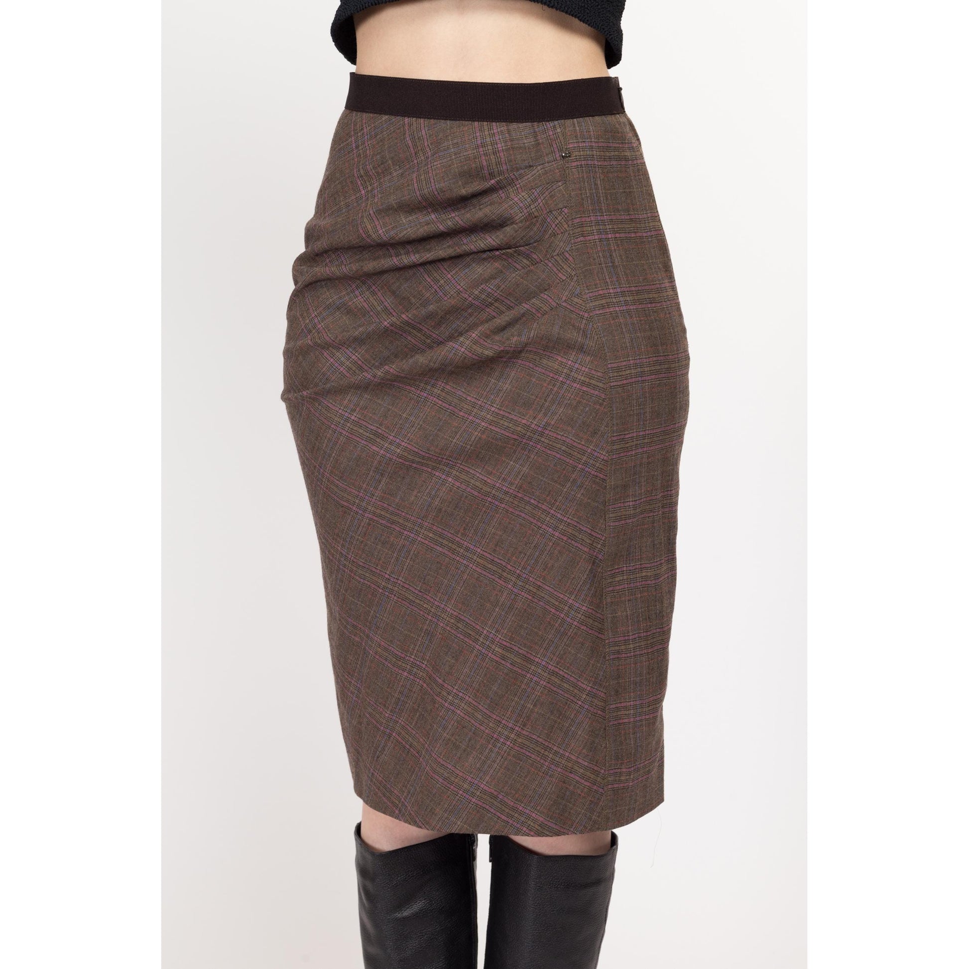 XS-Sm Y2K Plaid Asymmetrical Pencil Skirt | Vintage Brown Pink Mid Rise Knee Length Midi Skirt