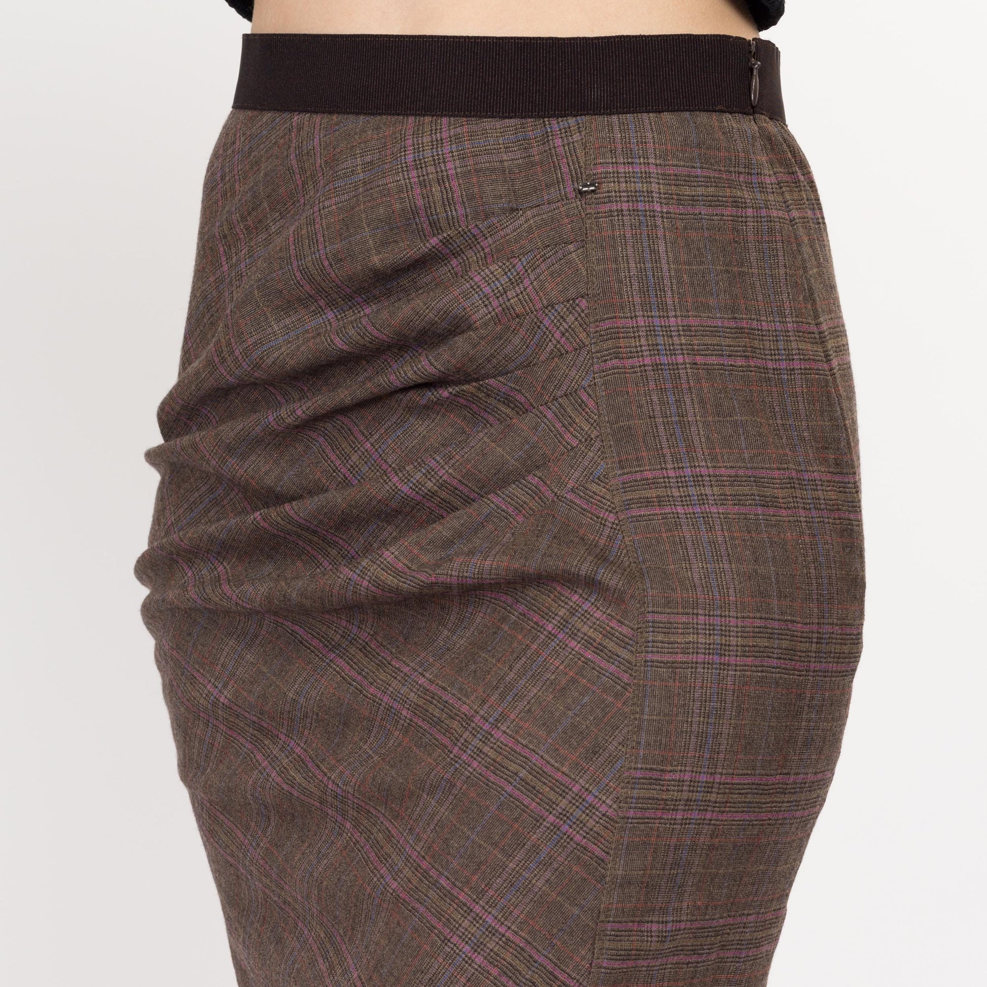 XS-Sm Y2K Plaid Asymmetrical Pencil Skirt | Vintage Brown Pink Mid Rise Knee Length Midi Skirt