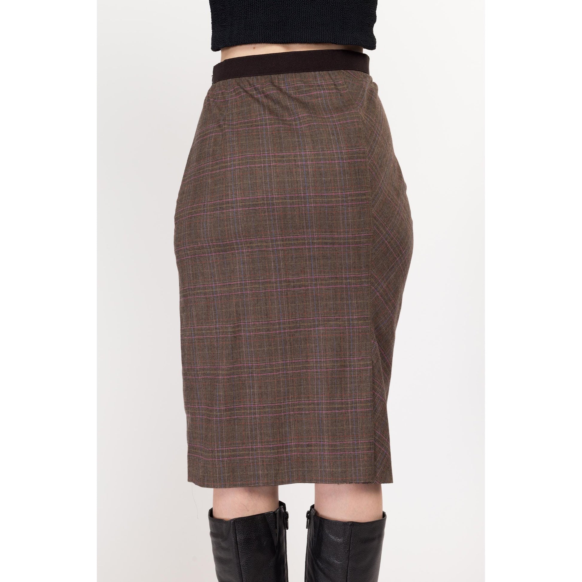 XS-Sm Y2K Plaid Asymmetrical Pencil Skirt | Vintage Brown Pink Mid Rise Knee Length Midi Skirt