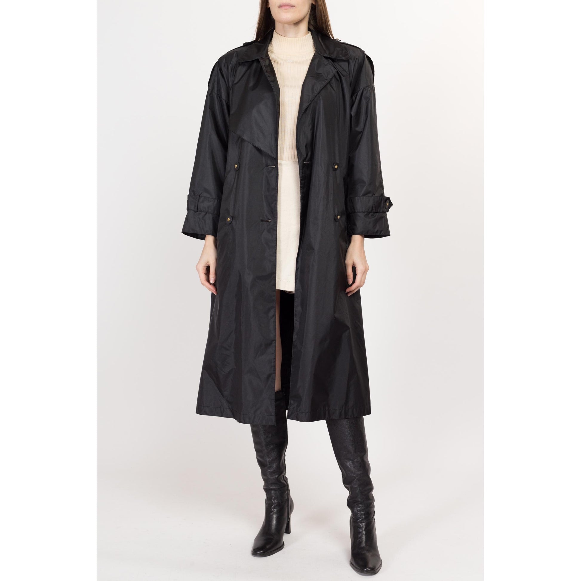 Medium 90s Shiny Black Belted Trench Rain Jacket – Flying Apple