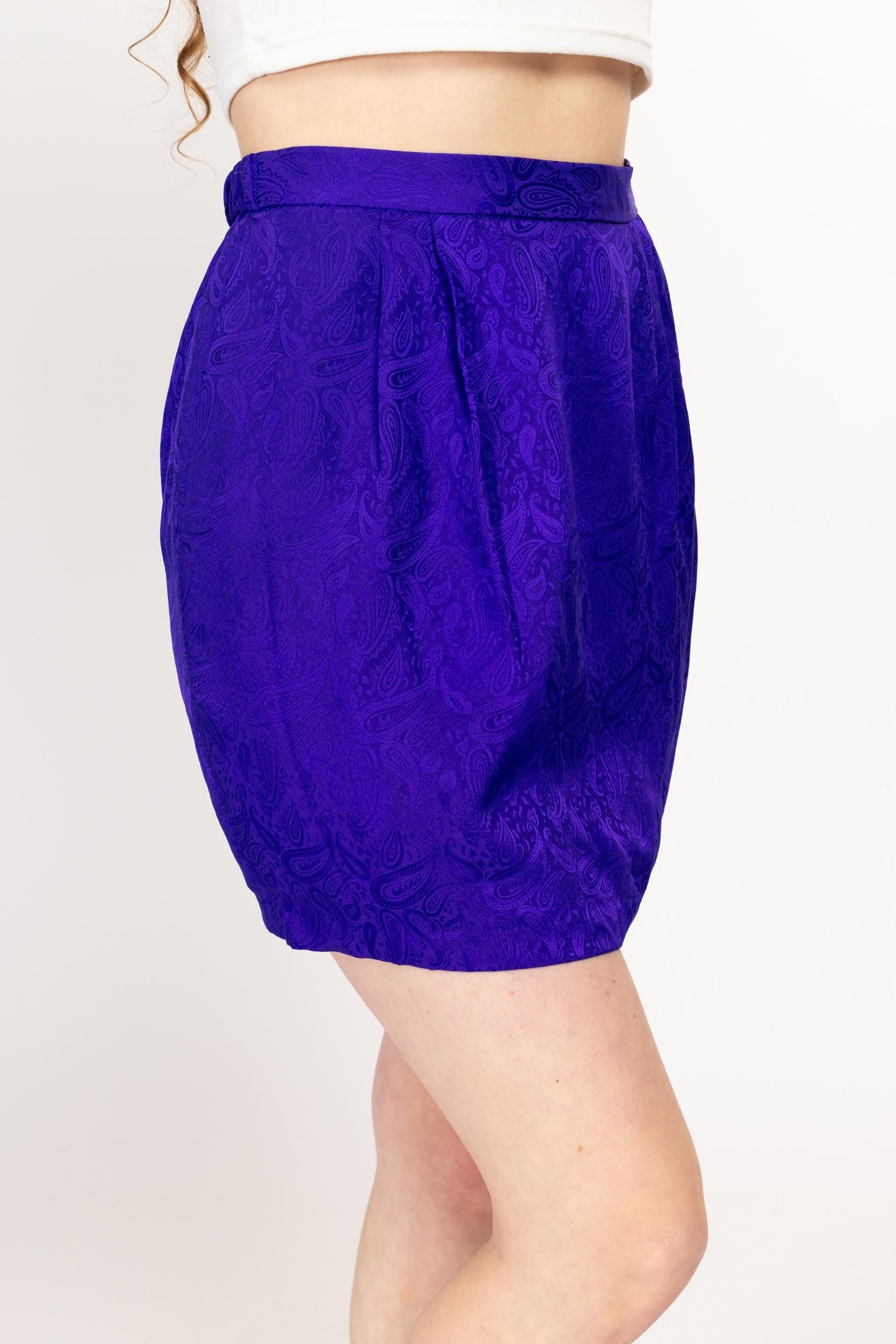 Sm-Med 90s Royal Purple Paisley Print Jacquard Mini Skirt | Vintage High Waisted Retro Fitted Pencil Skirt