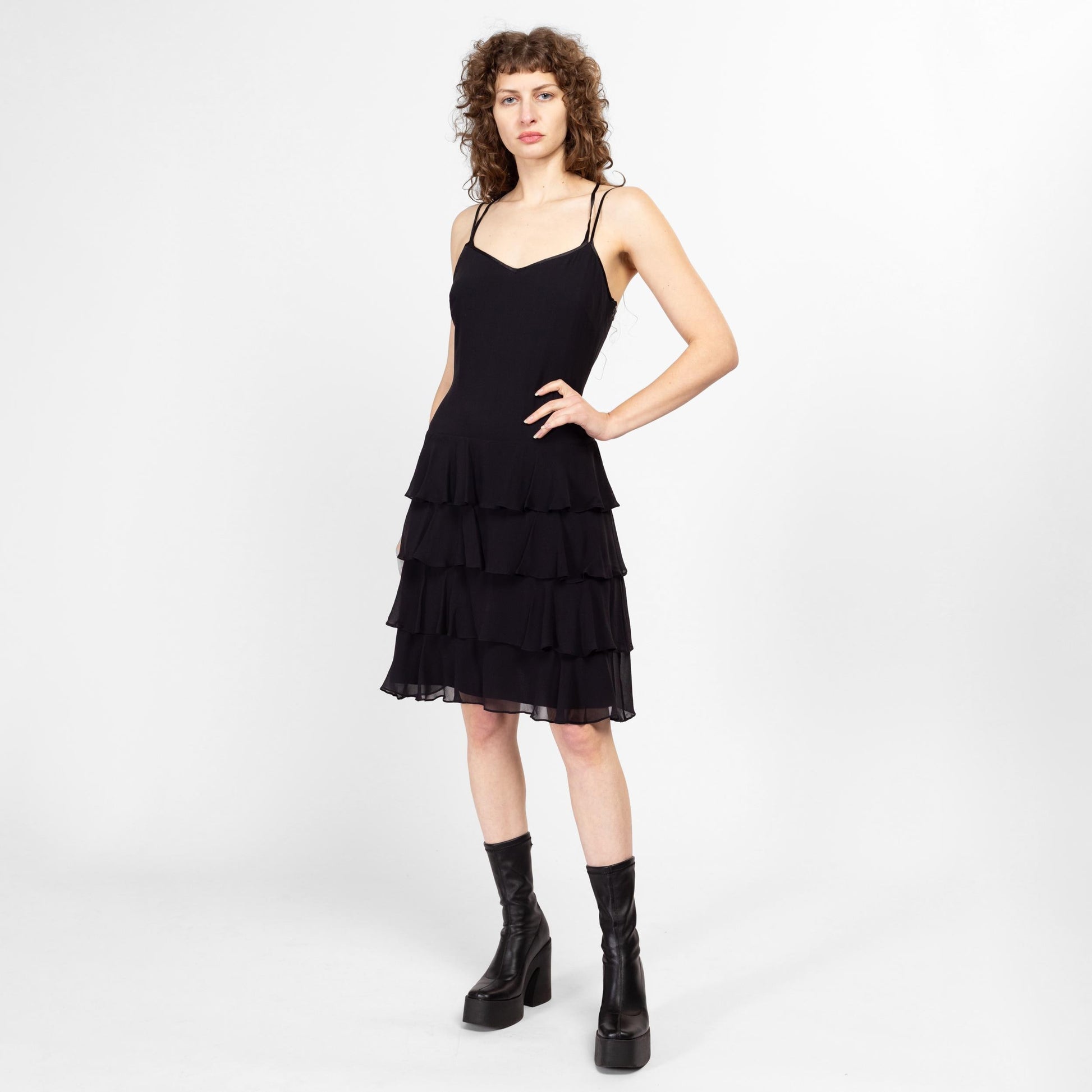 Medium 90s Black Strappy Low Back Tiered Skirt Party Dress NWT | Vintage Depeche Mode Sweetheart Neck Ruffled Mini Cocktail Dress