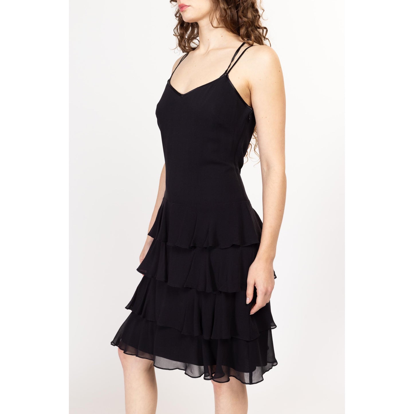Medium 90s Black Strappy Low Back Tiered Skirt Party Dress NWT | Vintage Depeche Mode Sweetheart Neck Ruffled Mini Cocktail Dress