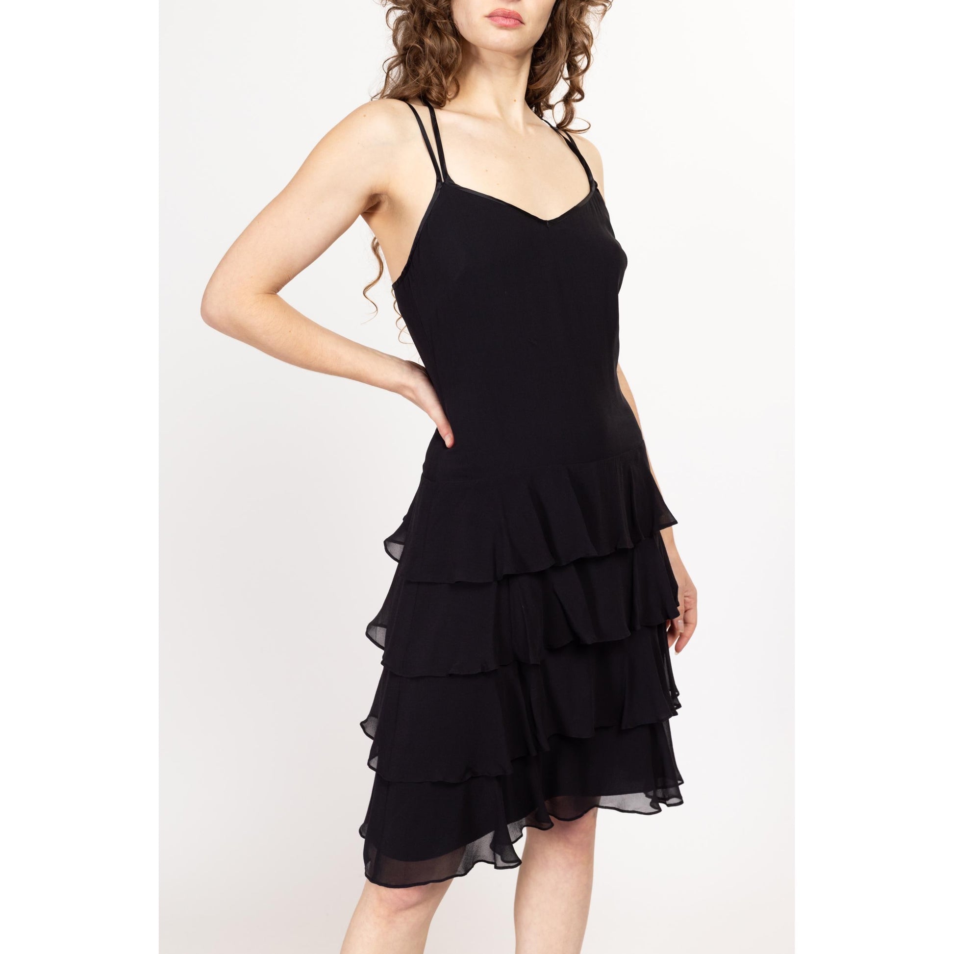 Medium 90s Black Strappy Low Back Tiered Skirt Party Dress NWT | Vintage Depeche Mode Sweetheart Neck Ruffled Mini Cocktail Dress