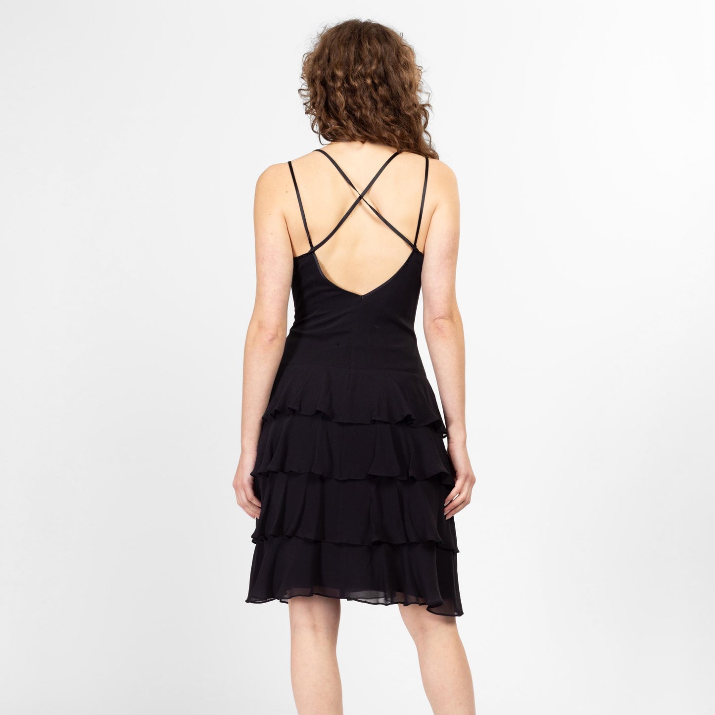 Medium 90s Black Strappy Low Back Tiered Skirt Party Dress NWT | Vintage Depeche Mode Sweetheart Neck Ruffled Mini Cocktail Dress