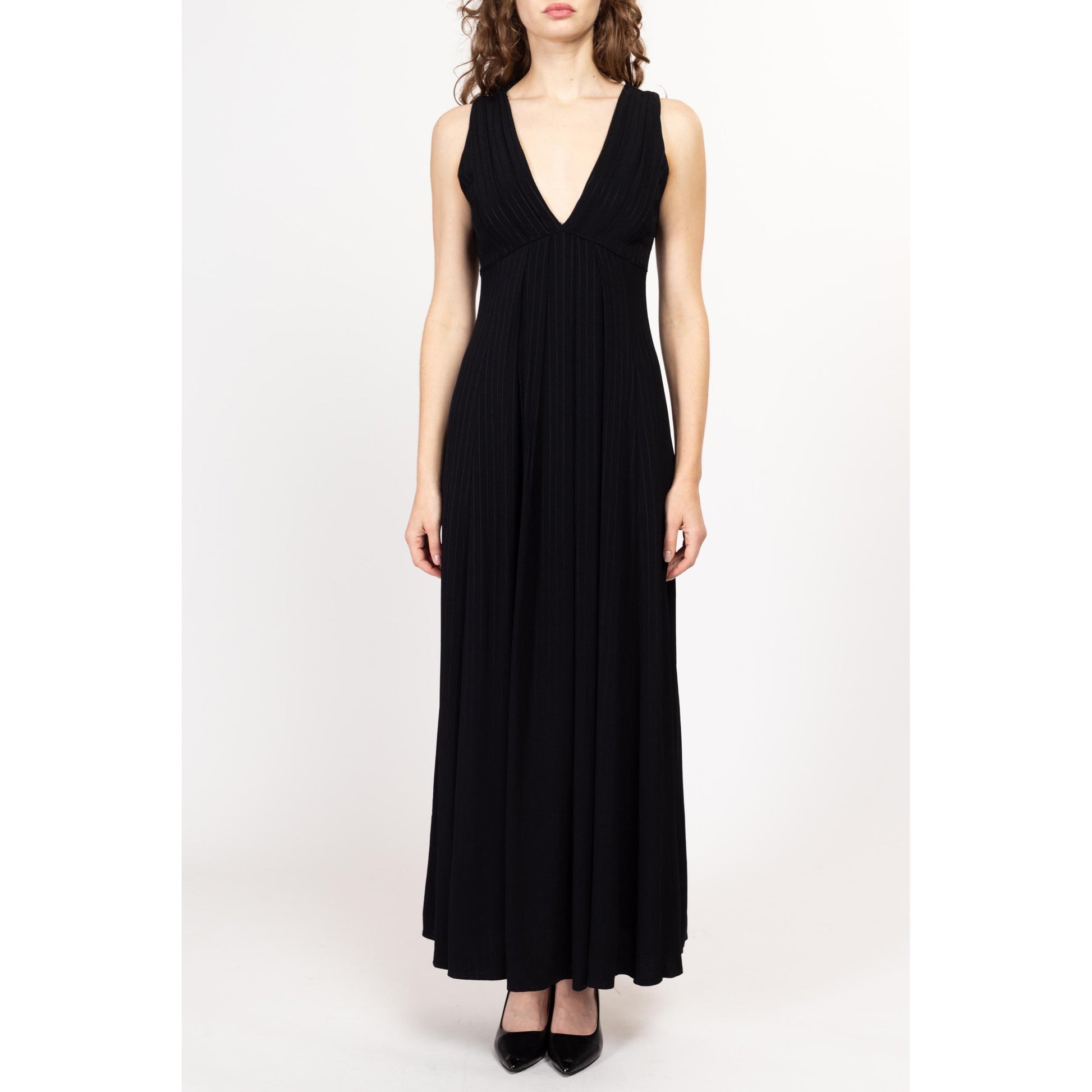 Small 90s Jessica McClintock Black Pinstriped Maxi Dress Size 6 | Vintage V Neck Sleeveless Pleated Formal Evening Gown