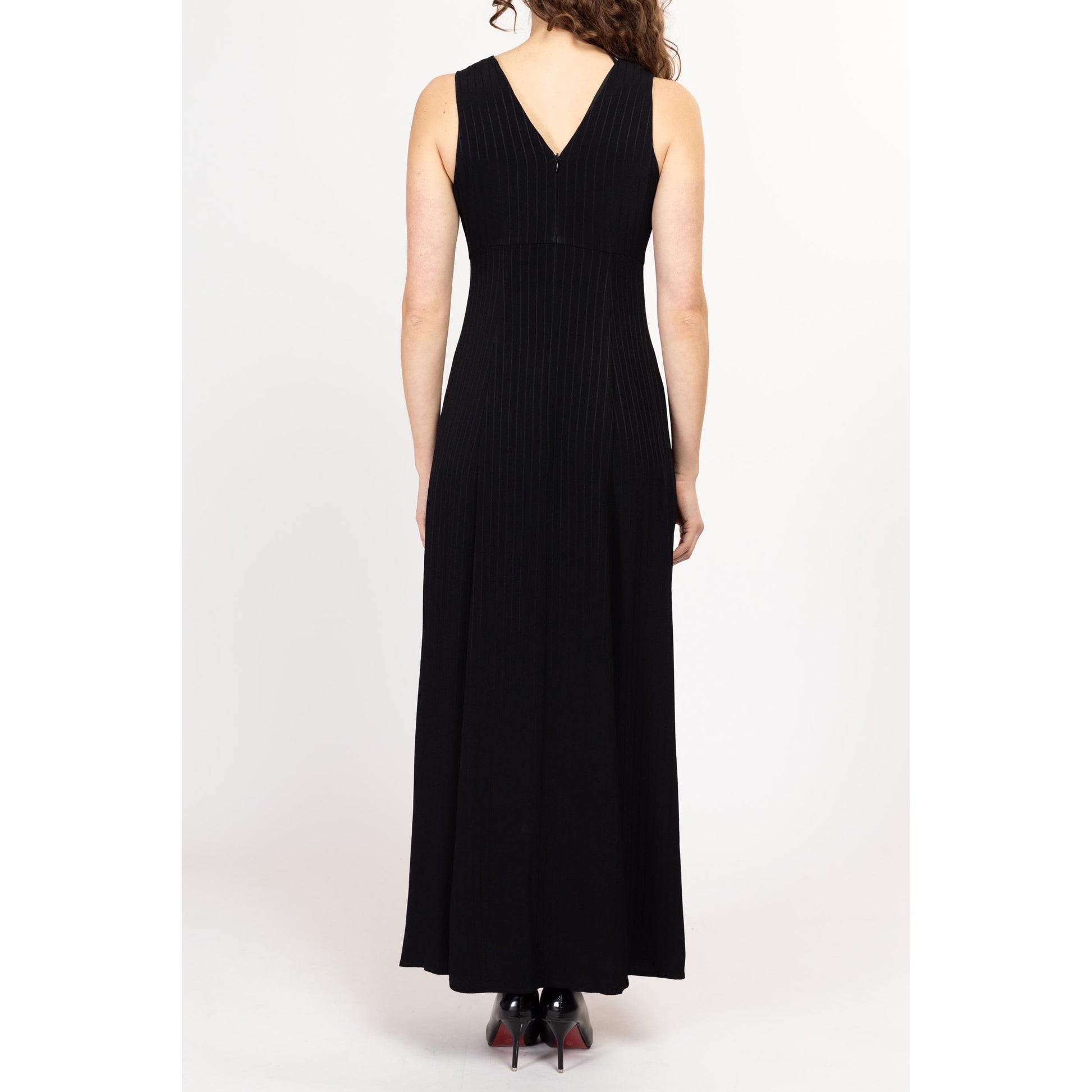 Small 90s Jessica McClintock Black Pinstriped Maxi Dress Size 6 | Vintage V Neck Sleeveless Pleated Formal Evening Gown