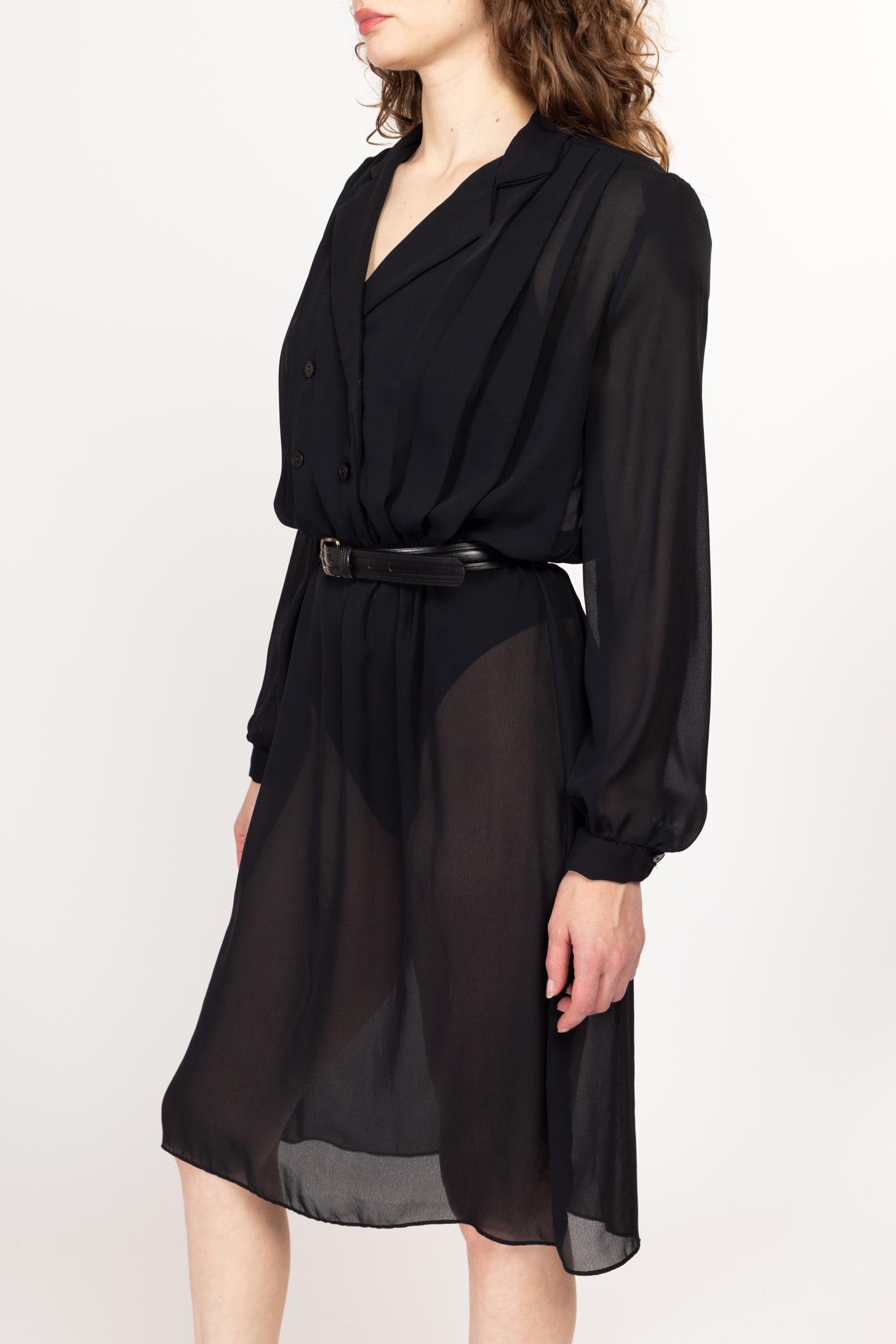 Large 70s Sheer Black Midi Shirtdress | Vintage Long Sleeve Double Breasted Minimalist Blouson Dress