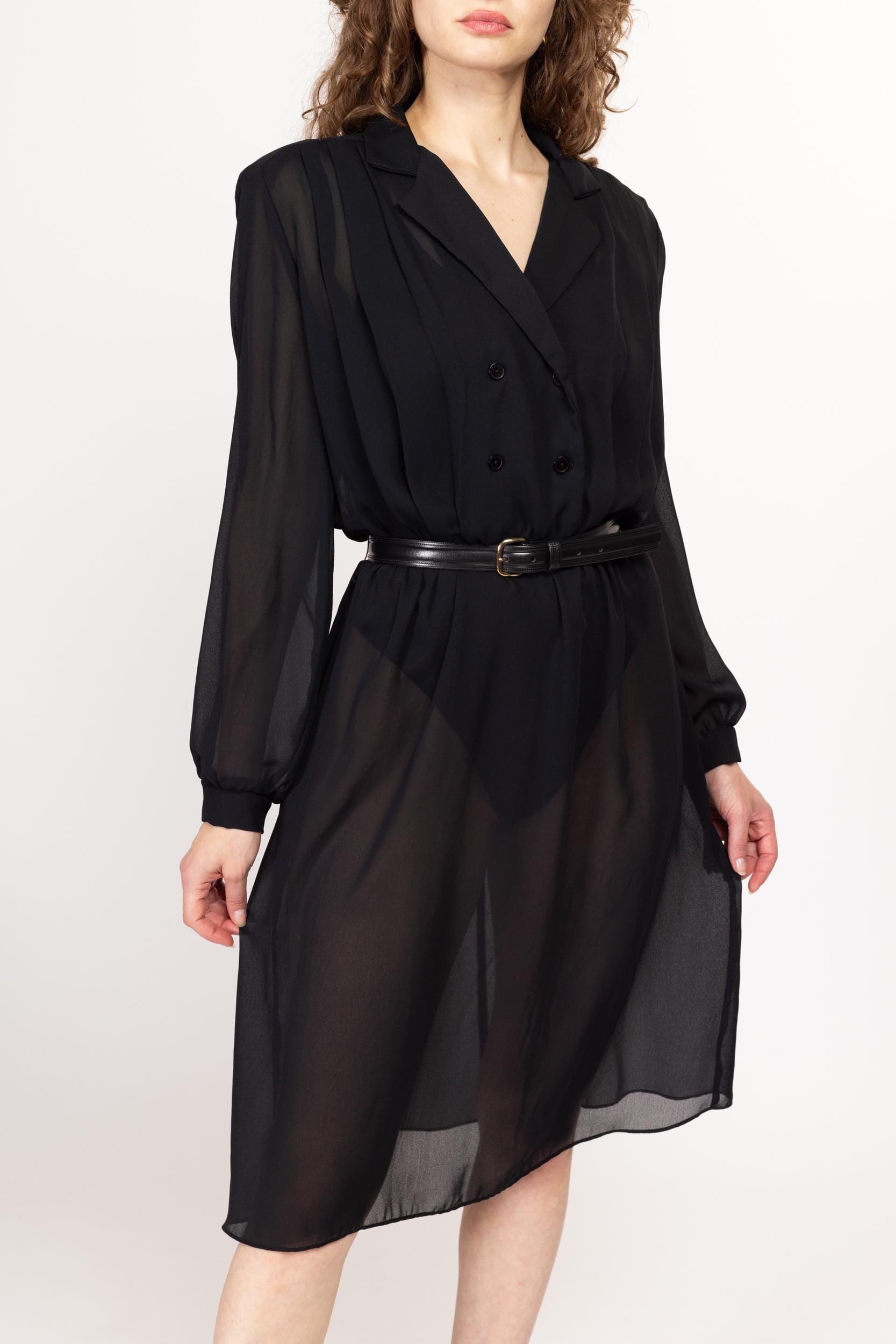 Large 70s Sheer Black Midi Shirtdress | Vintage Long Sleeve Double Breasted Minimalist Blouson Dress