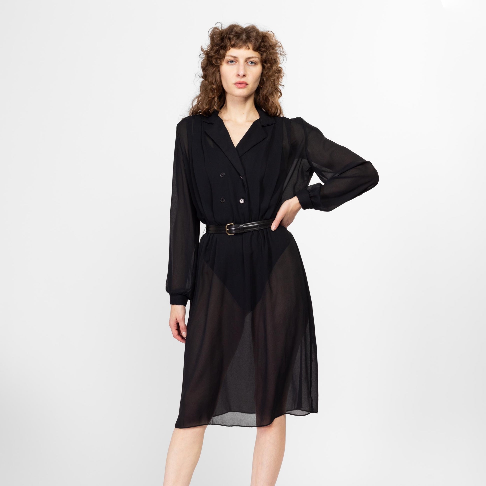 Large 70s Sheer Black Midi Shirtdress | Vintage Long Sleeve Double Breasted Minimalist Blouson Dress