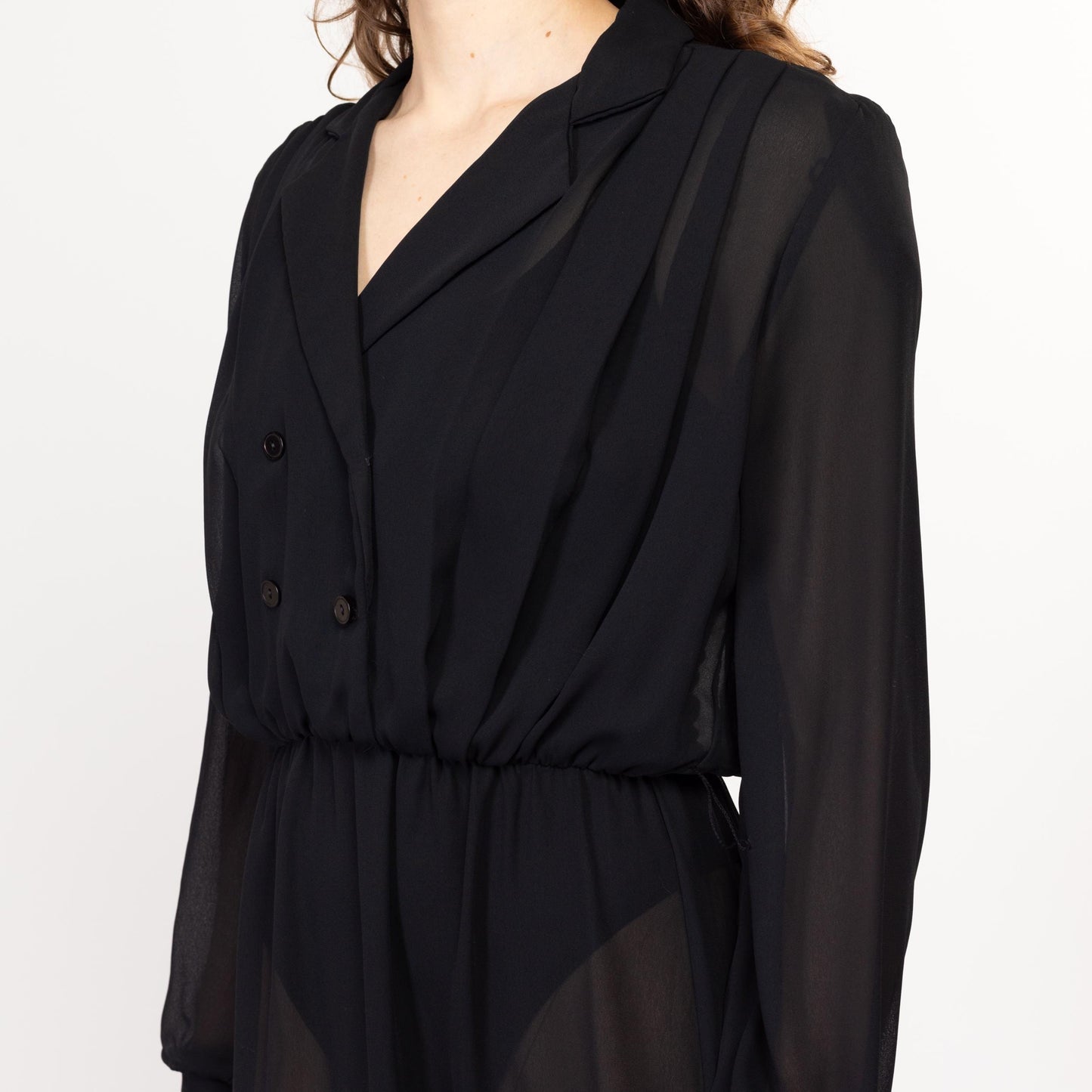 Large 70s Sheer Black Midi Shirtdress | Vintage Long Sleeve Double Breasted Minimalist Blouson Dress