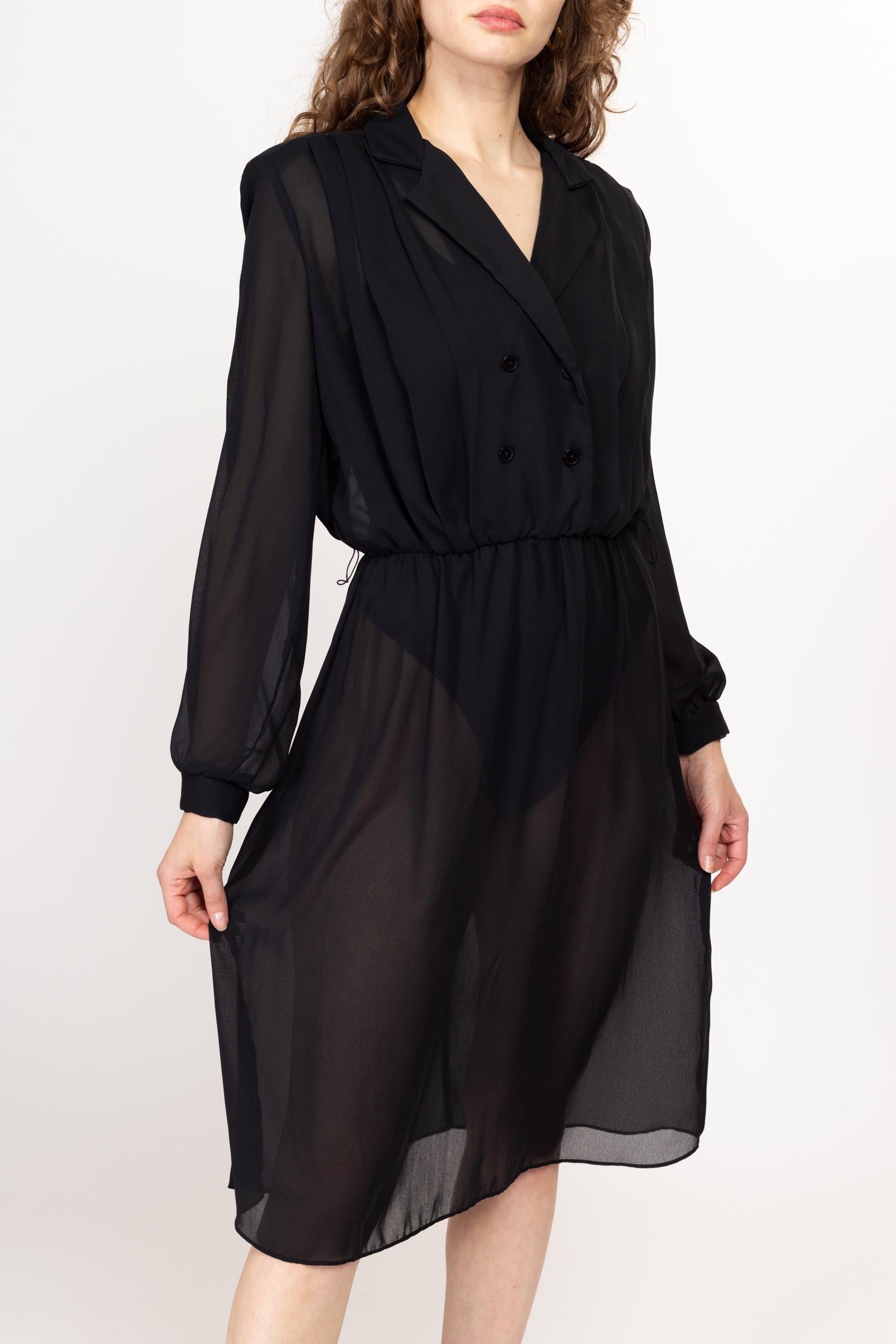 Large 70s Sheer Black Midi Shirtdress | Vintage Long Sleeve Double Breasted Minimalist Blouson Dress