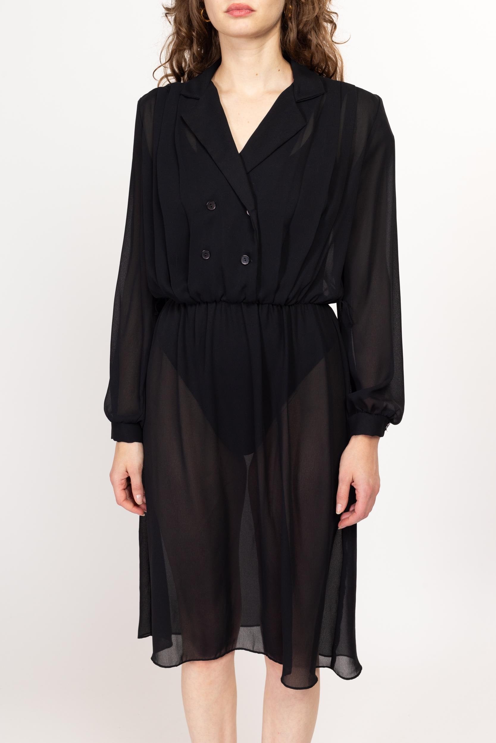Large 70s Sheer Black Midi Shirtdress | Vintage Long Sleeve Double Breasted Minimalist Blouson Dress