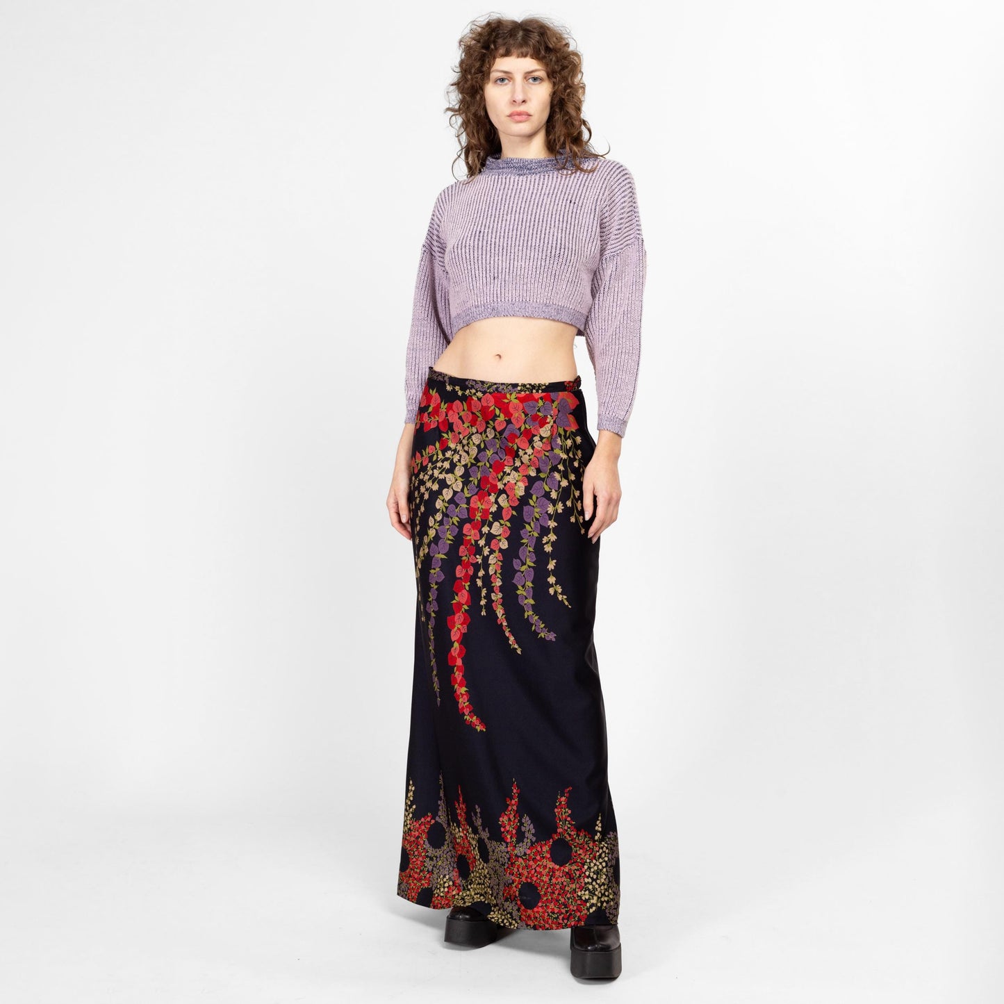 Med-Lrg 70s Black Psychedelic Floral Maxi Skirt 31" | Vintage Boho A Line High Waisted Skirt