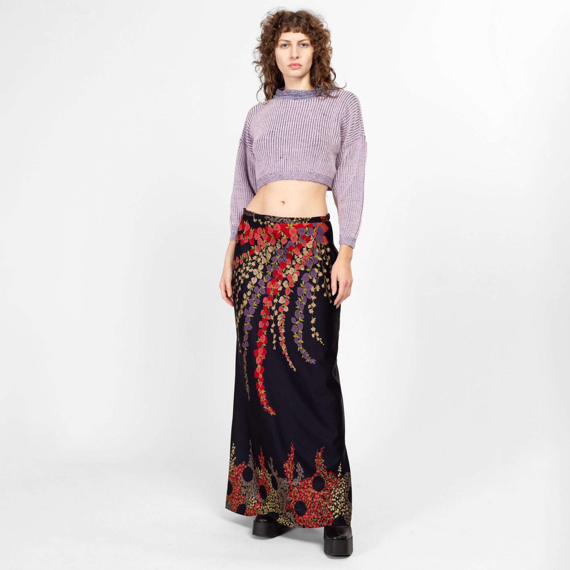 Med-Lrg 70s Black Psychedelic Floral Maxi Skirt 31" | Vintage Boho A Line High Waisted Skirt