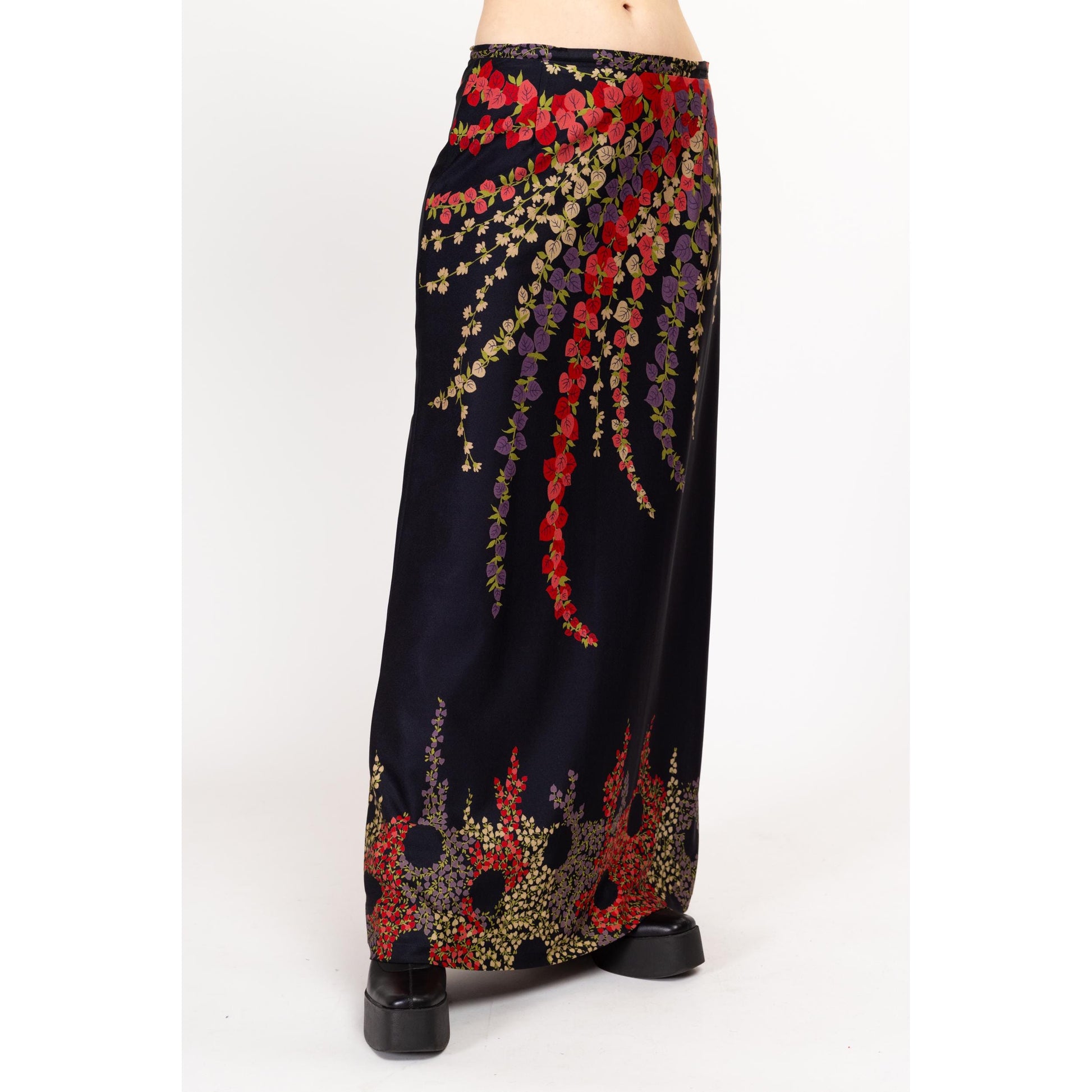 Med-Lrg 70s Black Psychedelic Floral Maxi Skirt 31" | Vintage Boho A Line High Waisted Skirt