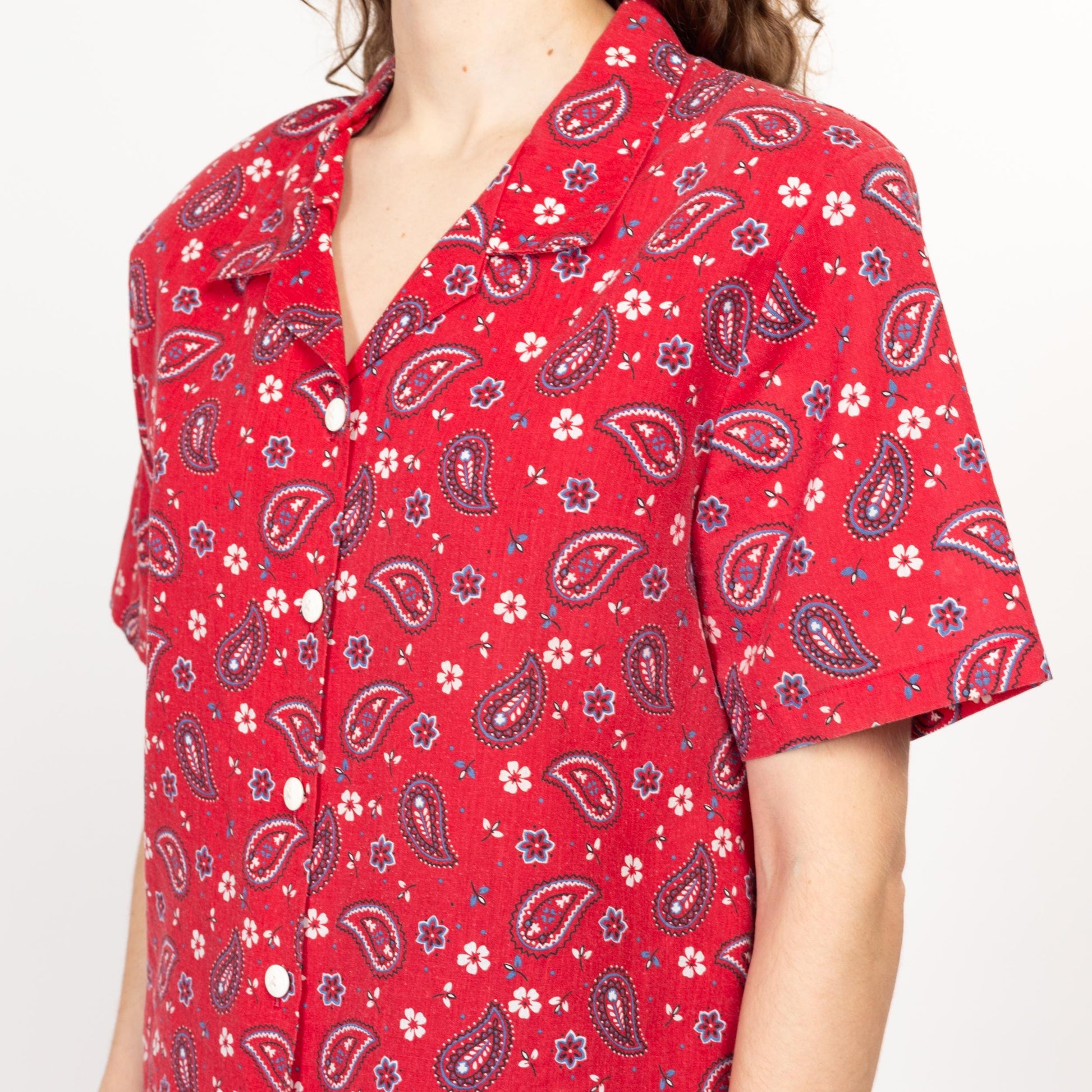 Large 80s Red Paisley Bandana Print Button Up Shirt Size 14 