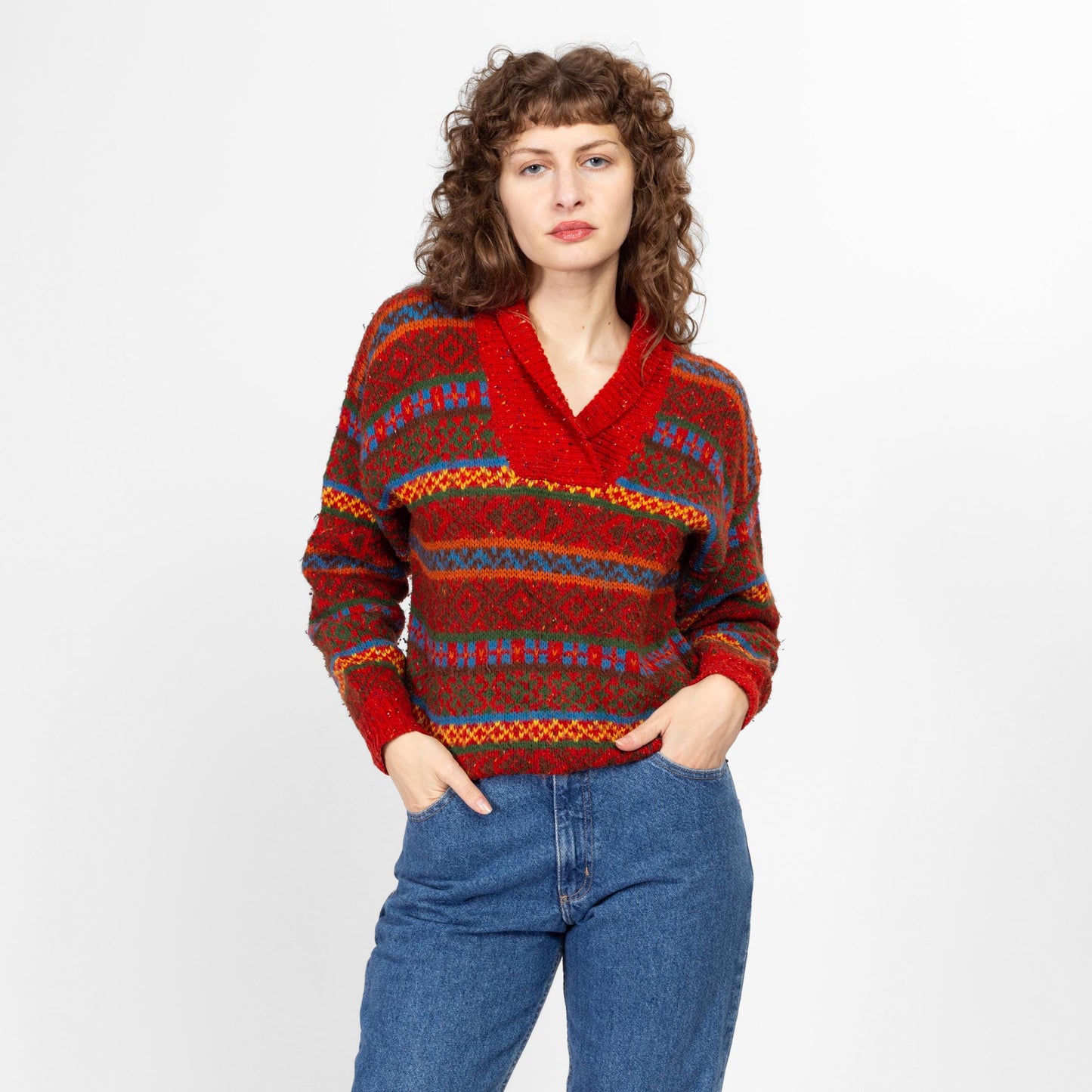 Small 90s Lizwear Burnt Orange Striped Shawl Collar Sweater | Vintage Colorful Knit Pullover