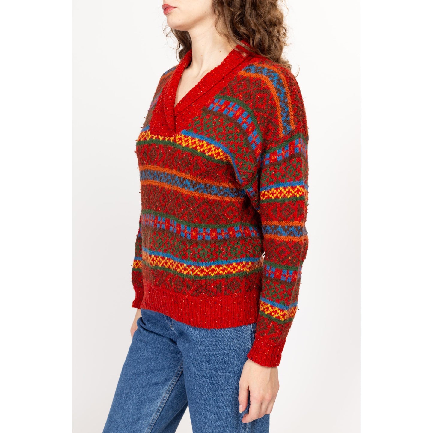 Small 90s Lizwear Burnt Orange Striped Shawl Collar Sweater | Vintage Colorful Knit Pullover
