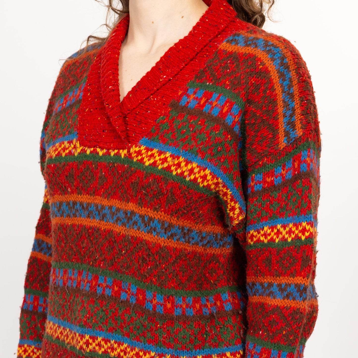 Small 90s Lizwear Burnt Orange Striped Shawl Collar Sweater | Vintage Colorful Knit Pullover