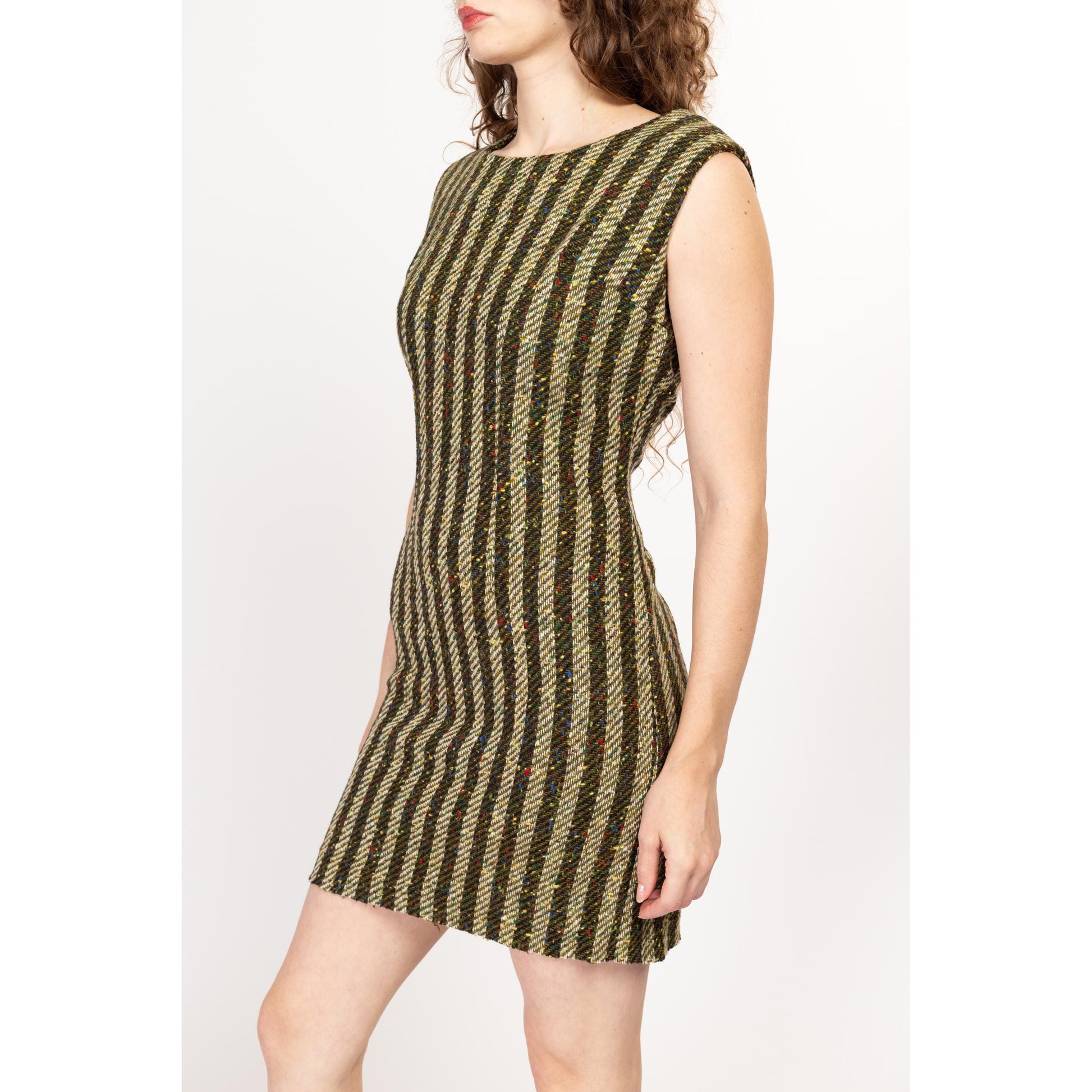 Petite Medium 60s 70s Green Striped Woven Mini Dress | Vintage Rainbow Flecked Knit Mod Sleeveless Sheath Dress