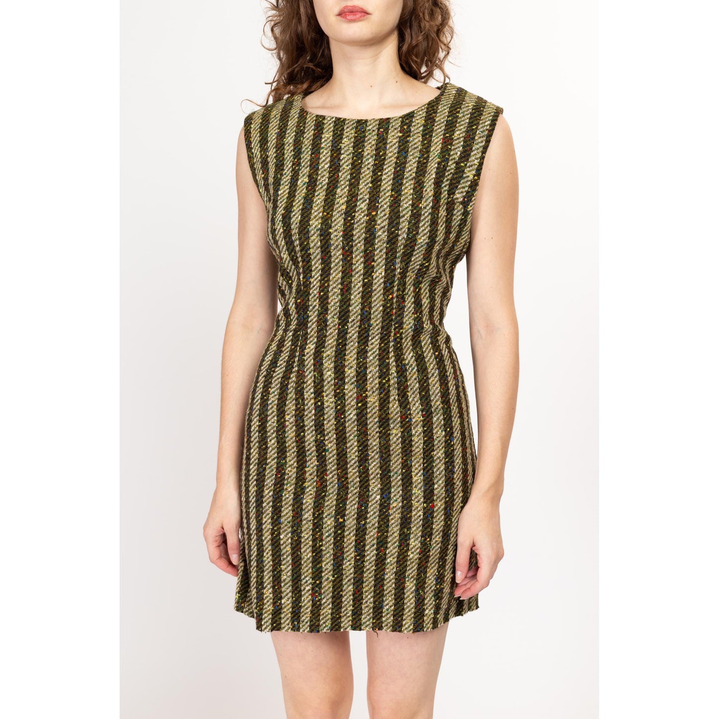 Petite Medium 60s 70s Green Striped Woven Mini Dress | Vintage Rainbow Flecked Knit Mod Sleeveless Sheath Dress