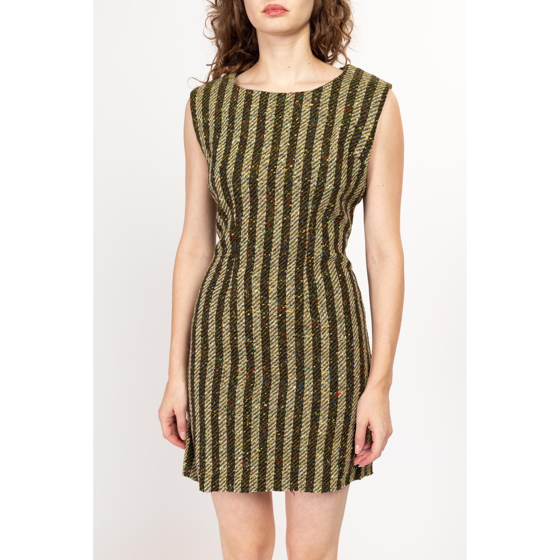 Petite Medium 60s 70s Green Striped Woven Mini Dress | Vintage Rainbow Flecked Knit Mod Sleeveless Sheath Dress