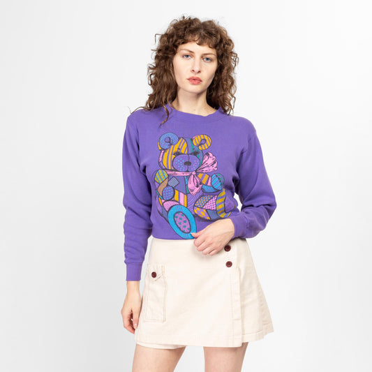 Small 90s Patchwork Teddy Bear Sweatshirt | Vintage Purple California Tourist Graphic Crewneck